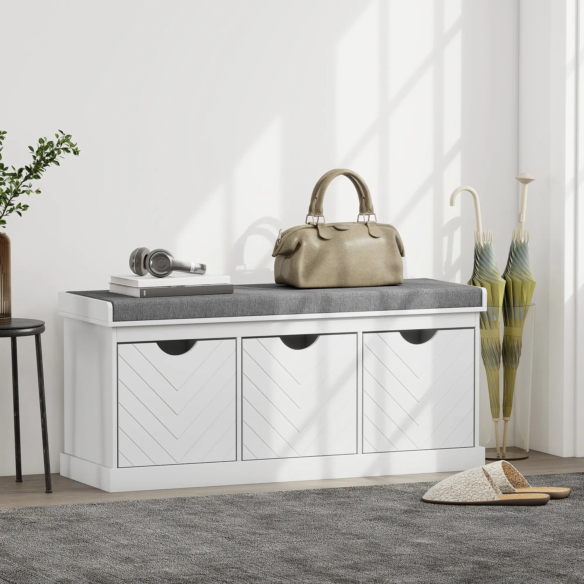 Shoe Storage Bench, 3 Drawers, Padded Seat, White - Image 2