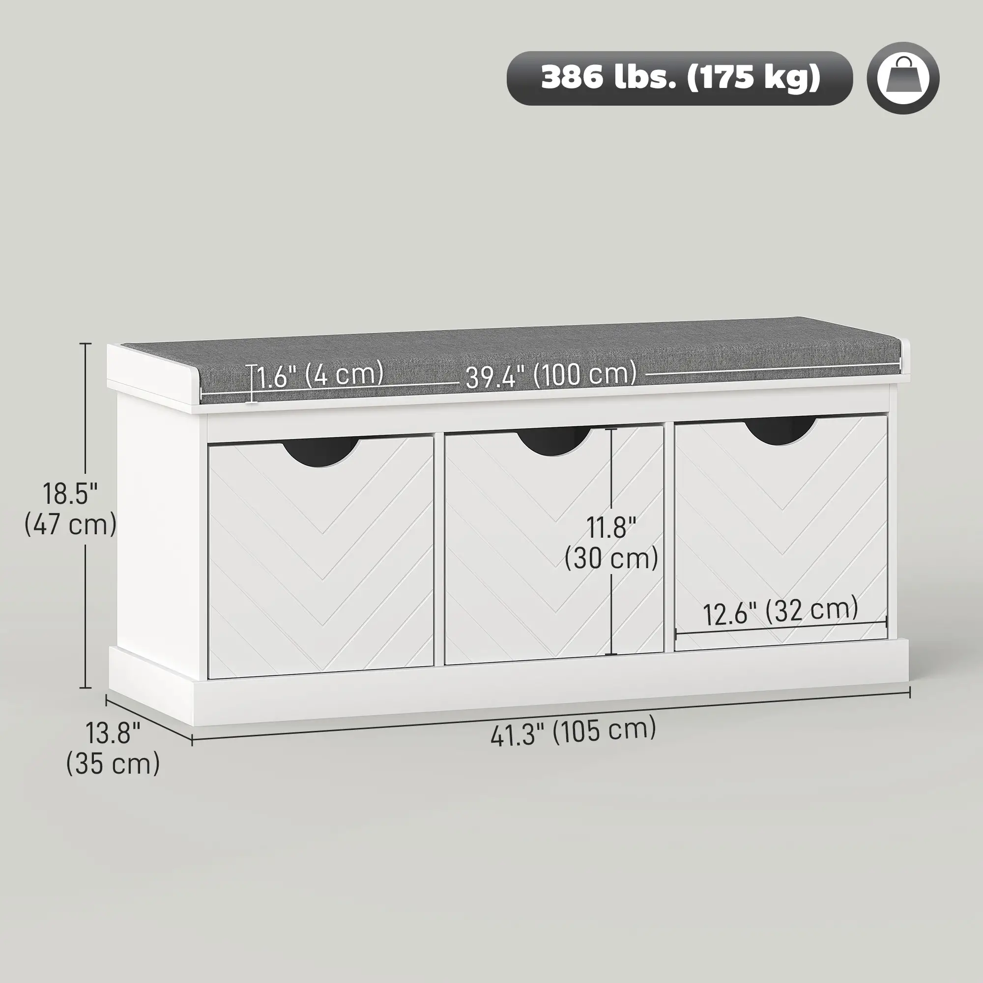 Shoe Storage Bench, 3 Drawers, Padded Seat, White - Image 3