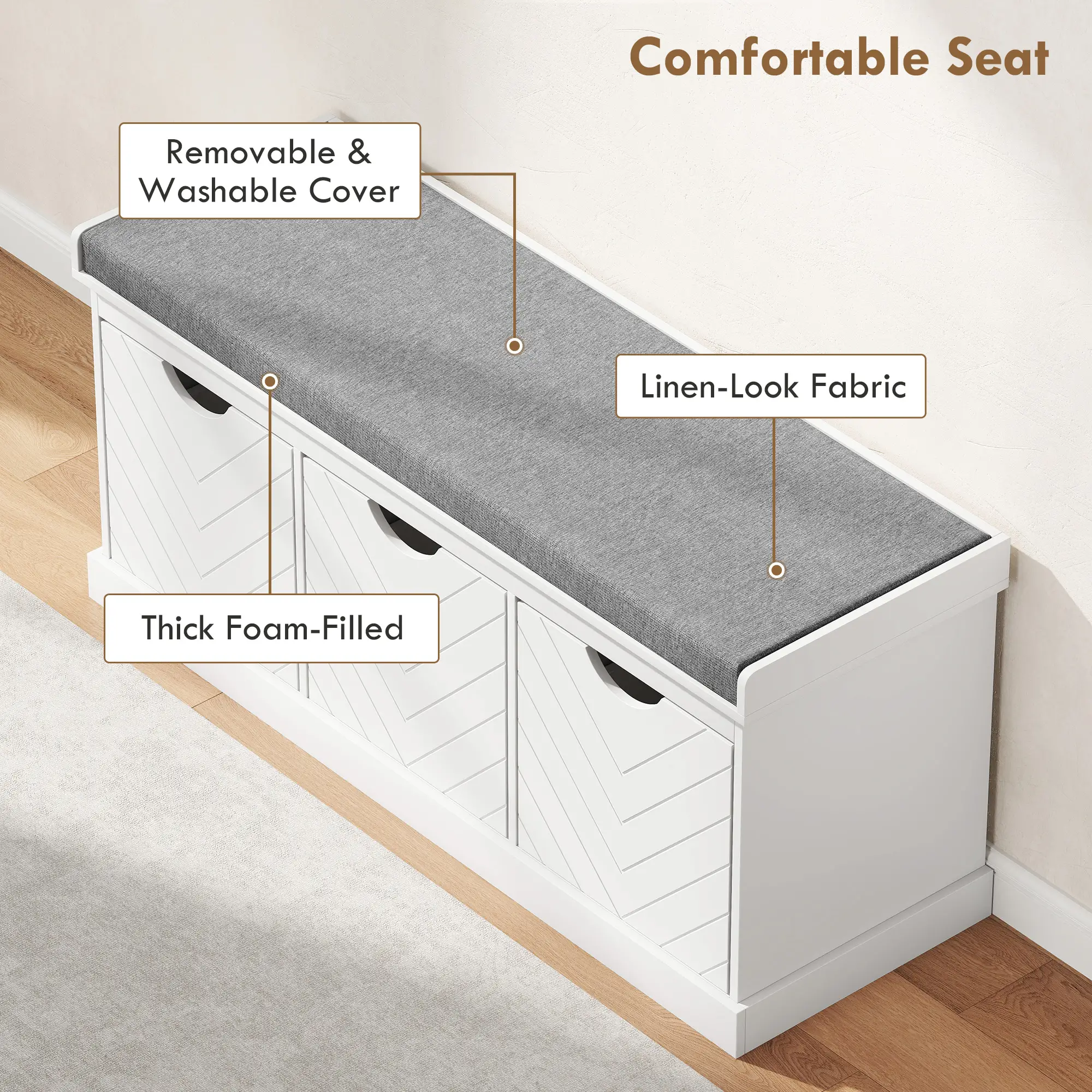 Shoe Storage Bench, 3 Drawers, Padded Seat, White - Image 4