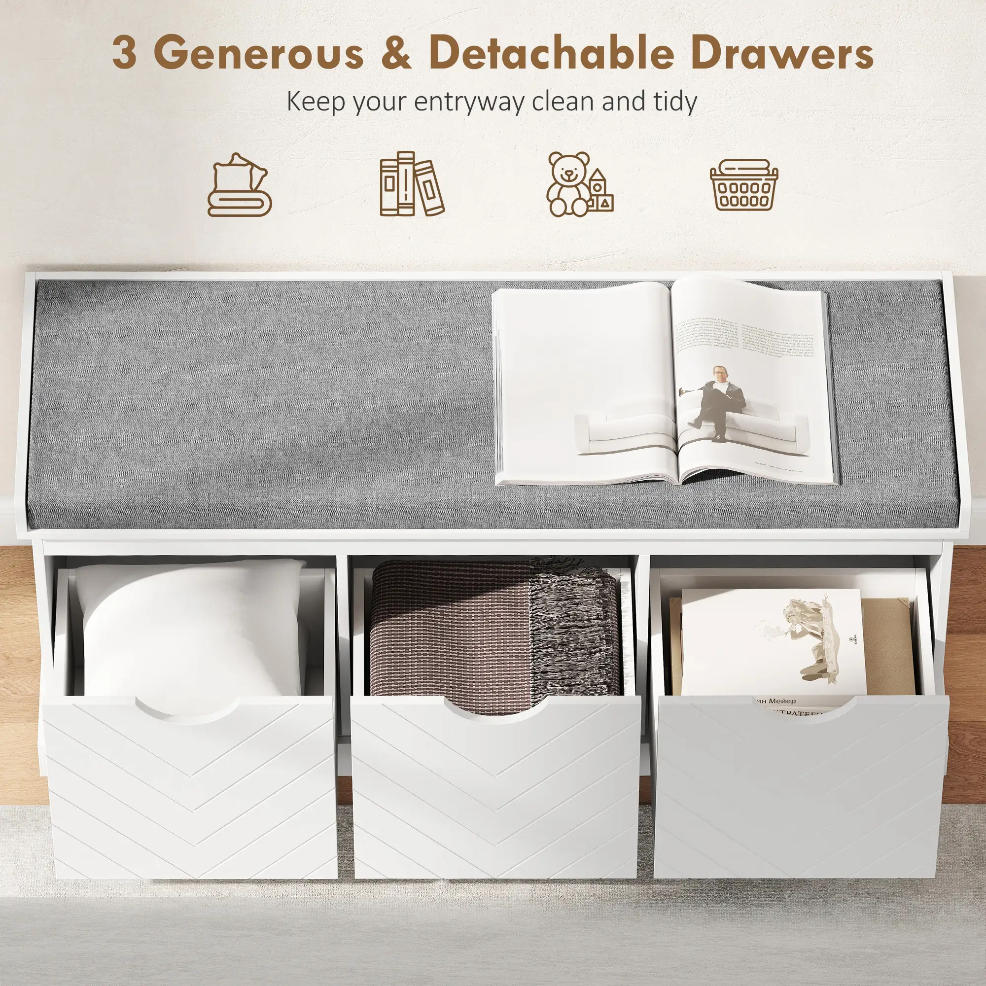 Shoe Storage Bench, 3 Drawers, Padded Seat, White - Image 5