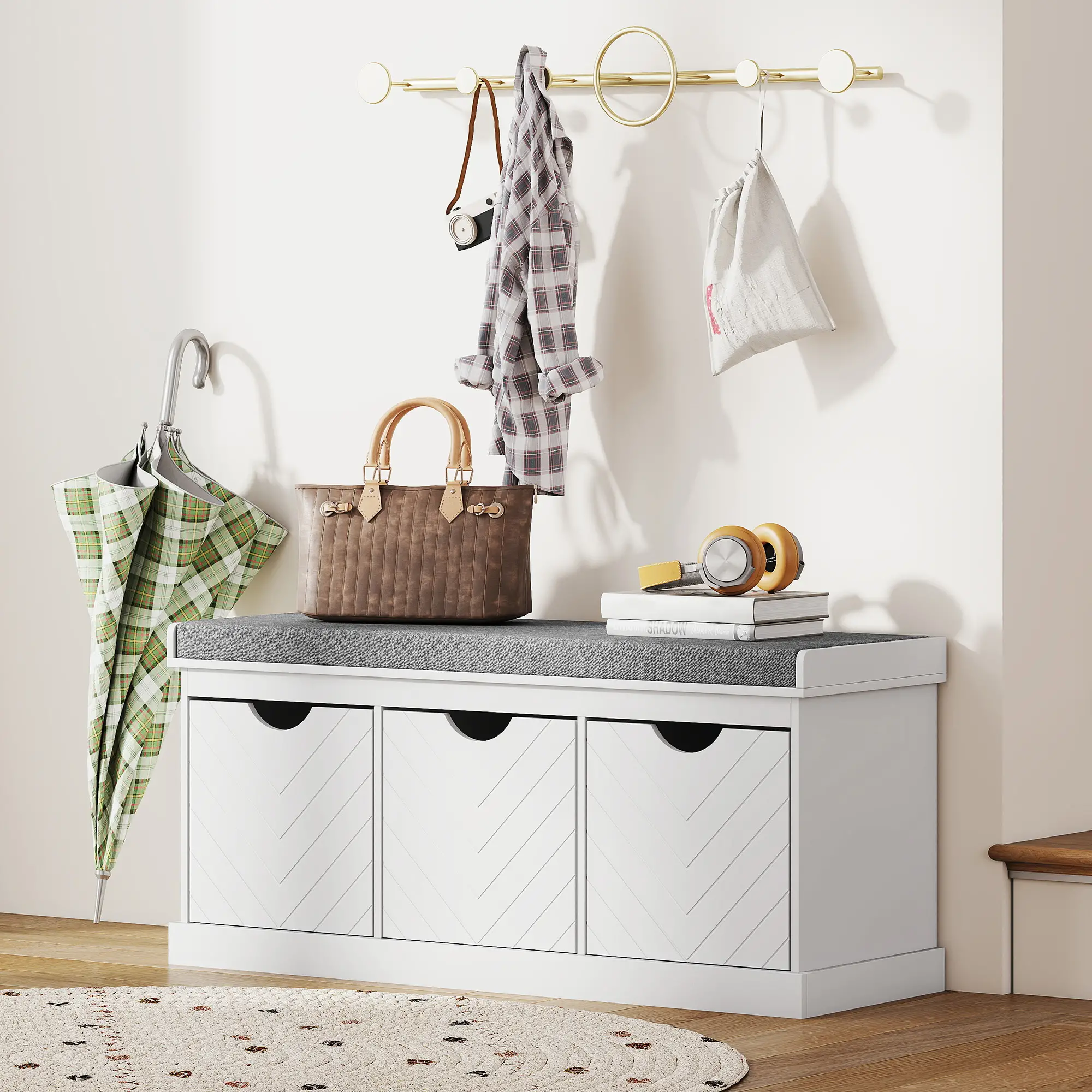 Shoe Storage Bench, 3 Drawers, Padded Seat, White - Image 7