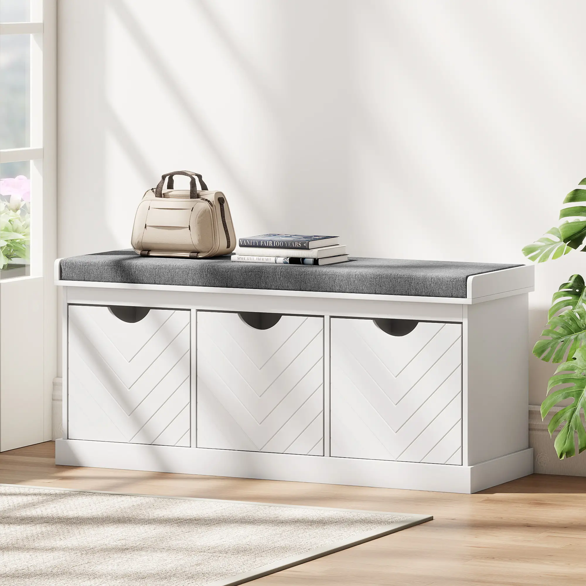 Shoe Storage Bench, 3 Drawers, Padded Seat, White - Image 8