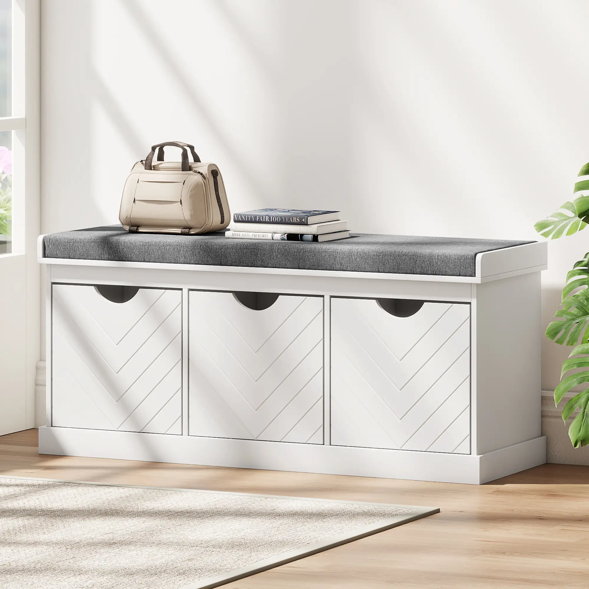 Shoe Storage Bench, 3 Drawers, Padded Seat, White - Image 9