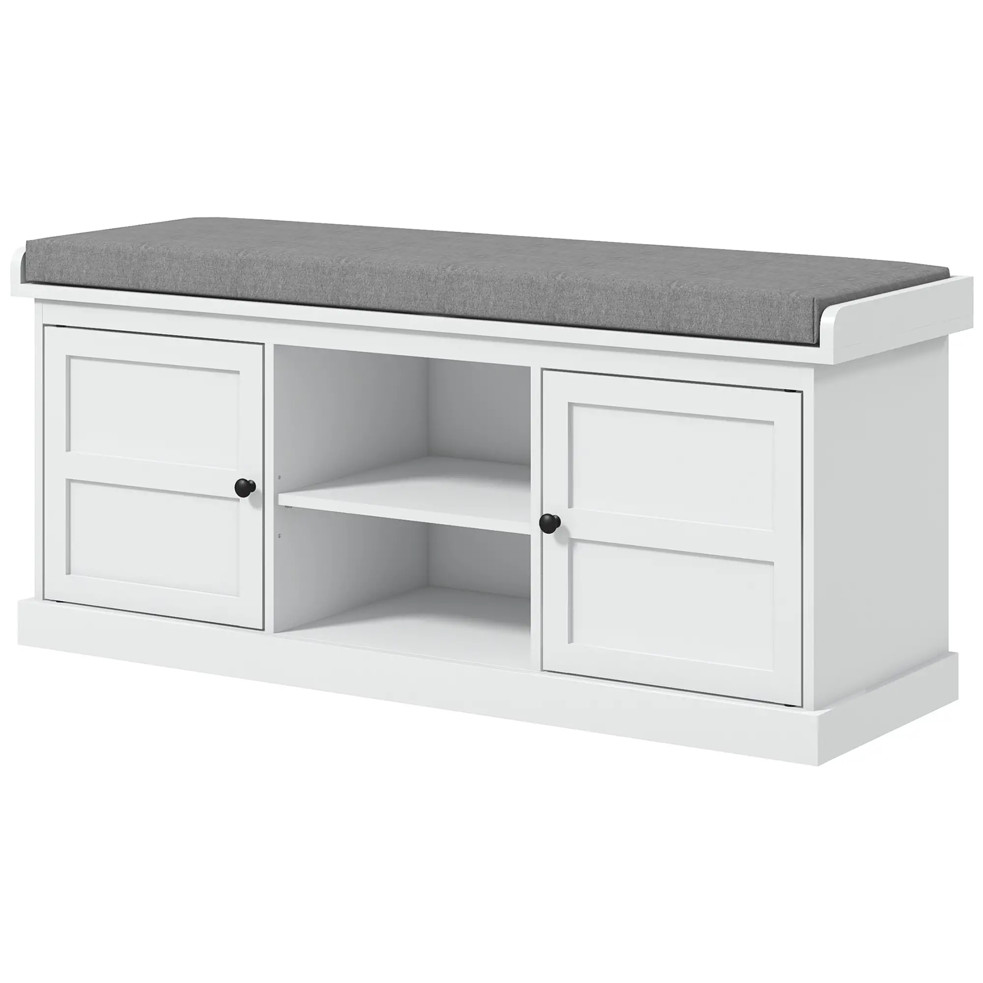 Shoe Storage Bench with Cushioned Seat, 2 Cabinets, Adjustable Shelf, White