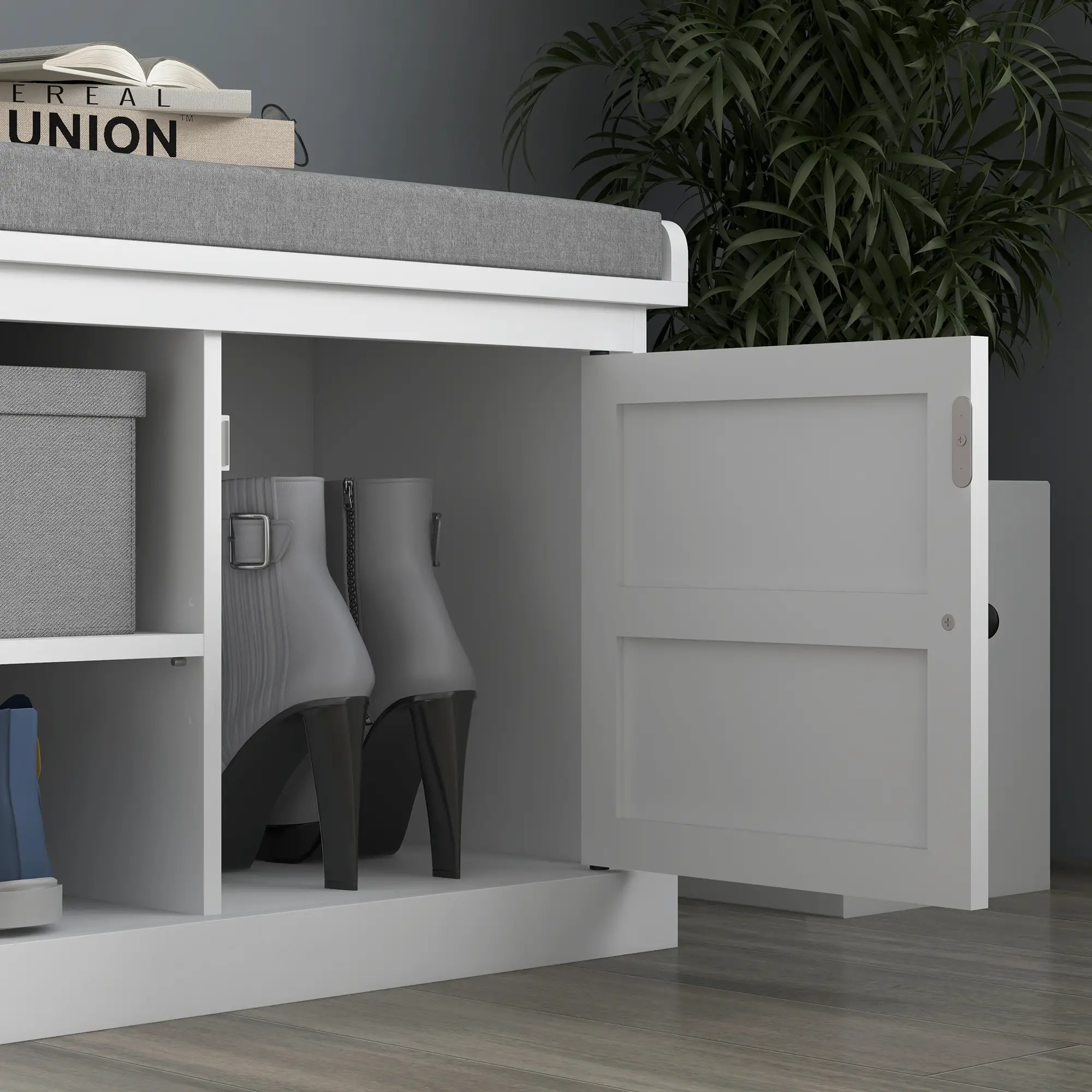 Shoe Storage Bench with Cushioned Seat, 2 Cabinets, Adjustable Shelf, White - Image 10