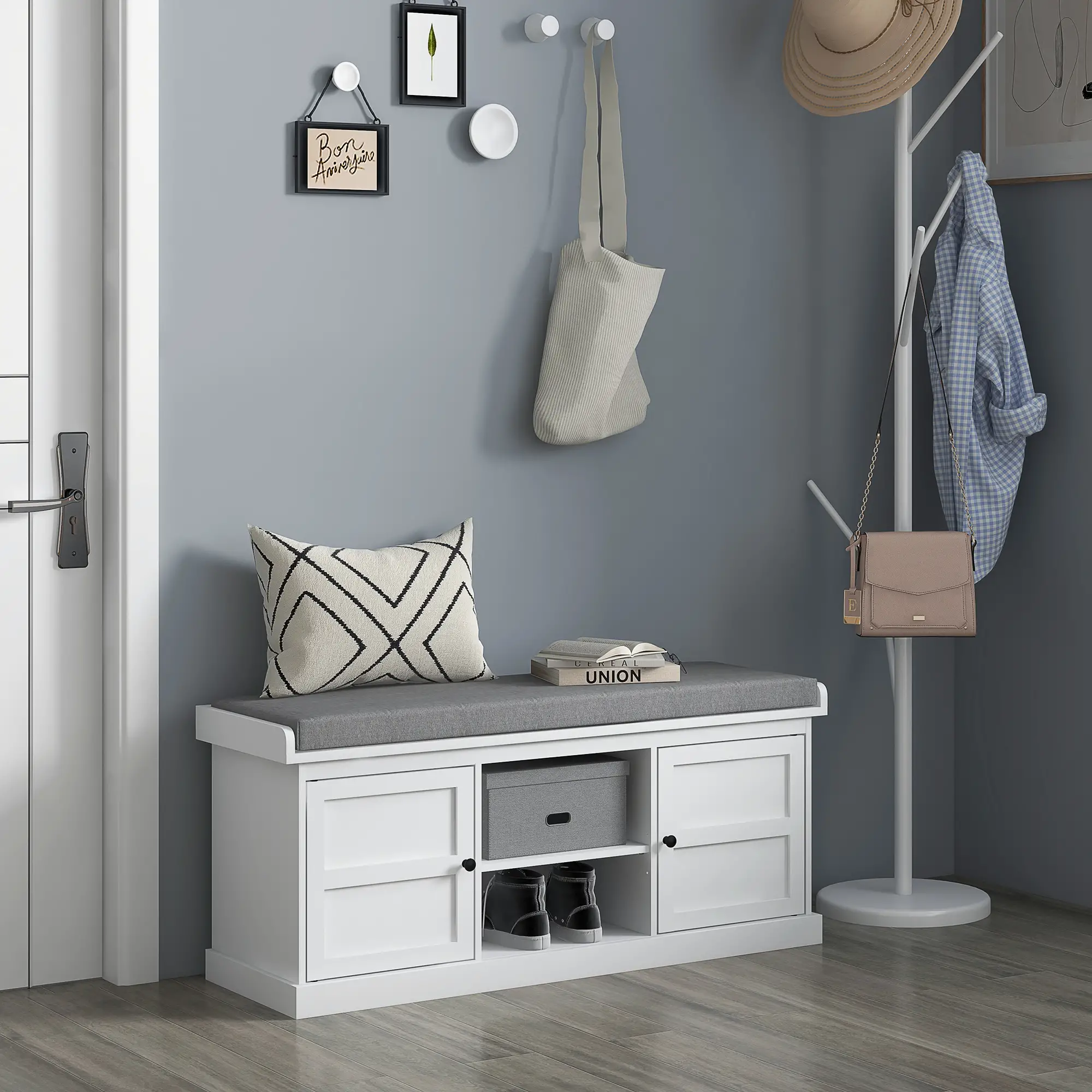 Shoe Storage Bench with Cushioned Seat, 2 Cabinets, Adjustable Shelf, White - Image 2