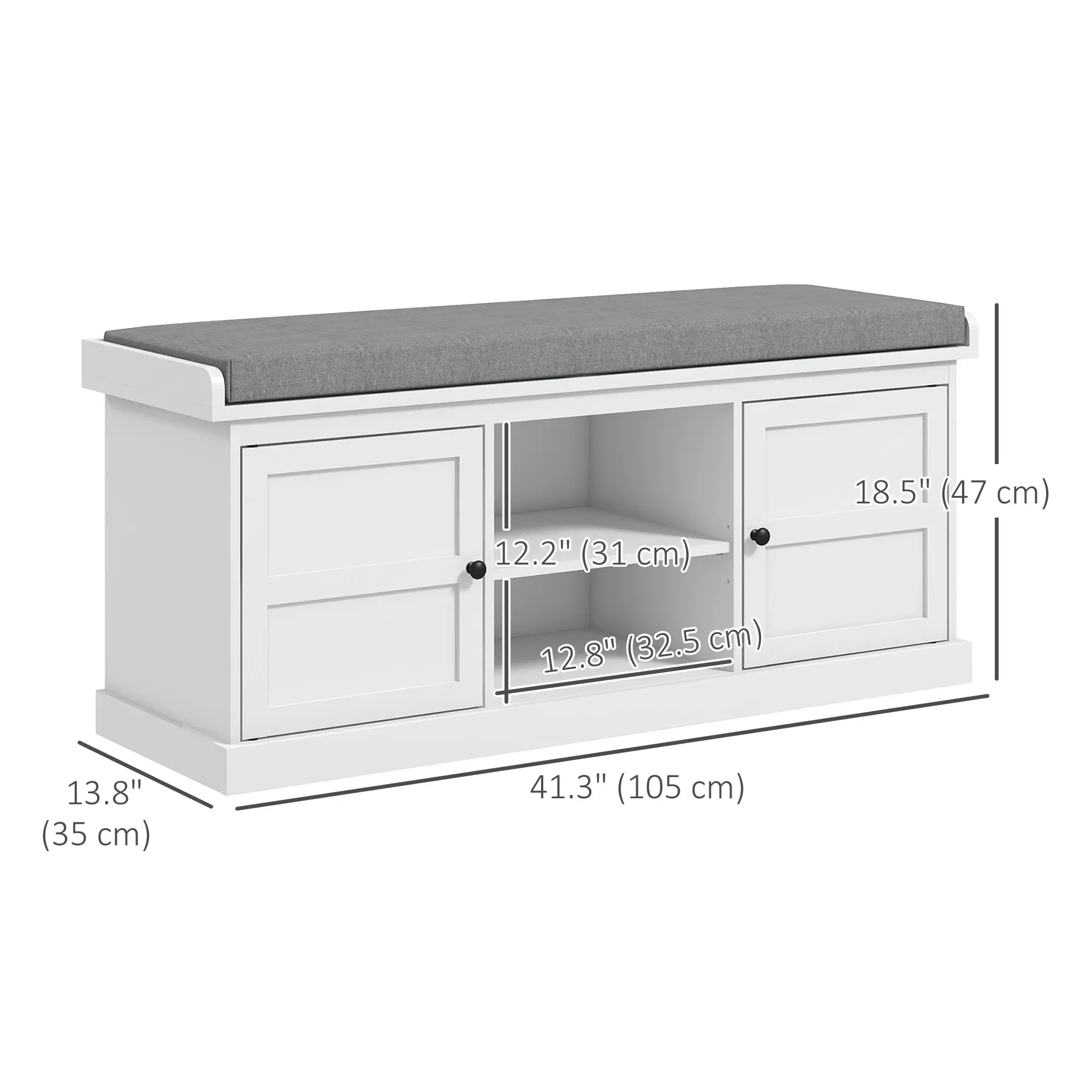 Shoe Storage Bench with Cushioned Seat, 2 Cabinets, Adjustable Shelf, White - Image 3