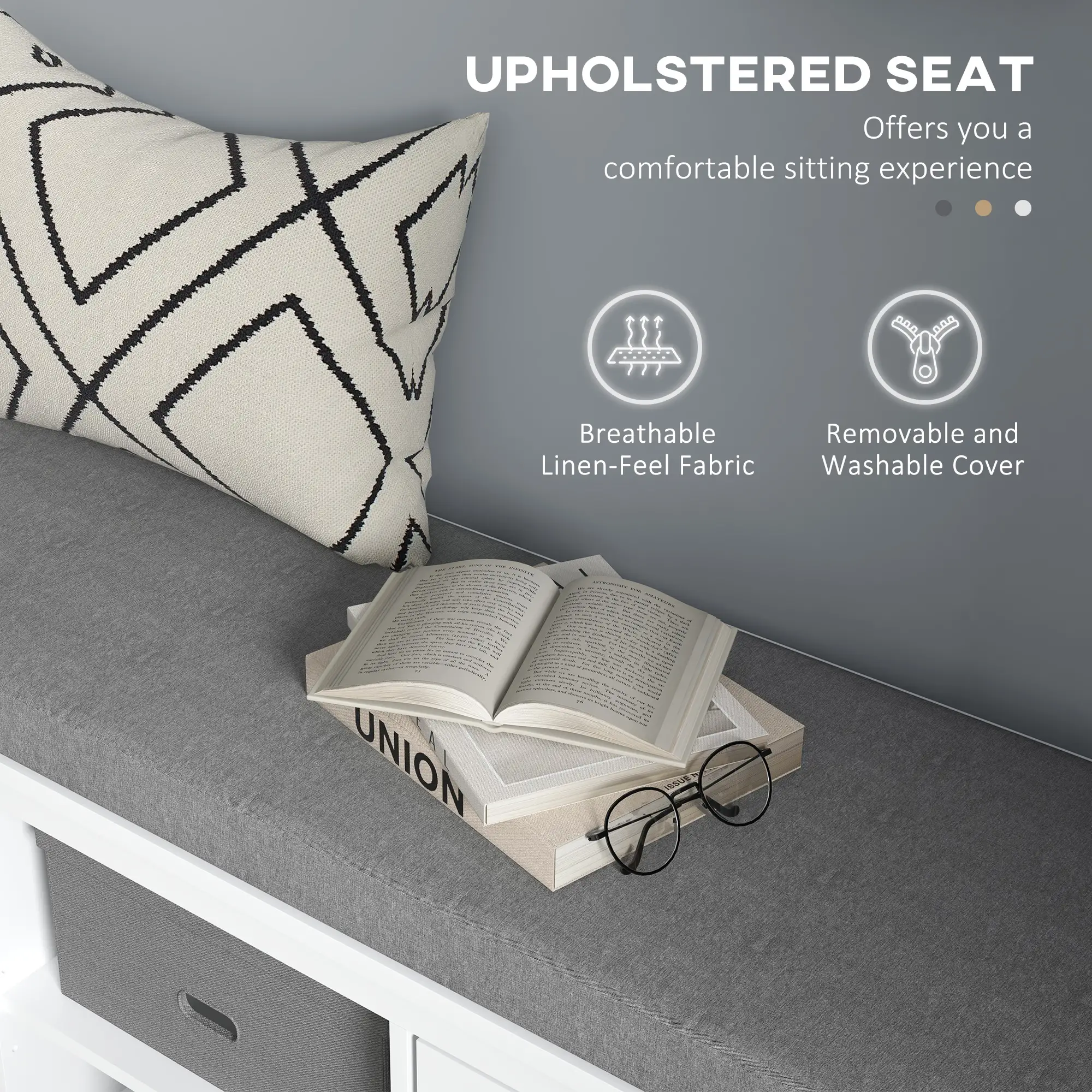 Shoe Storage Bench with Cushioned Seat, 2 Cabinets, Adjustable Shelf, White - Image 4