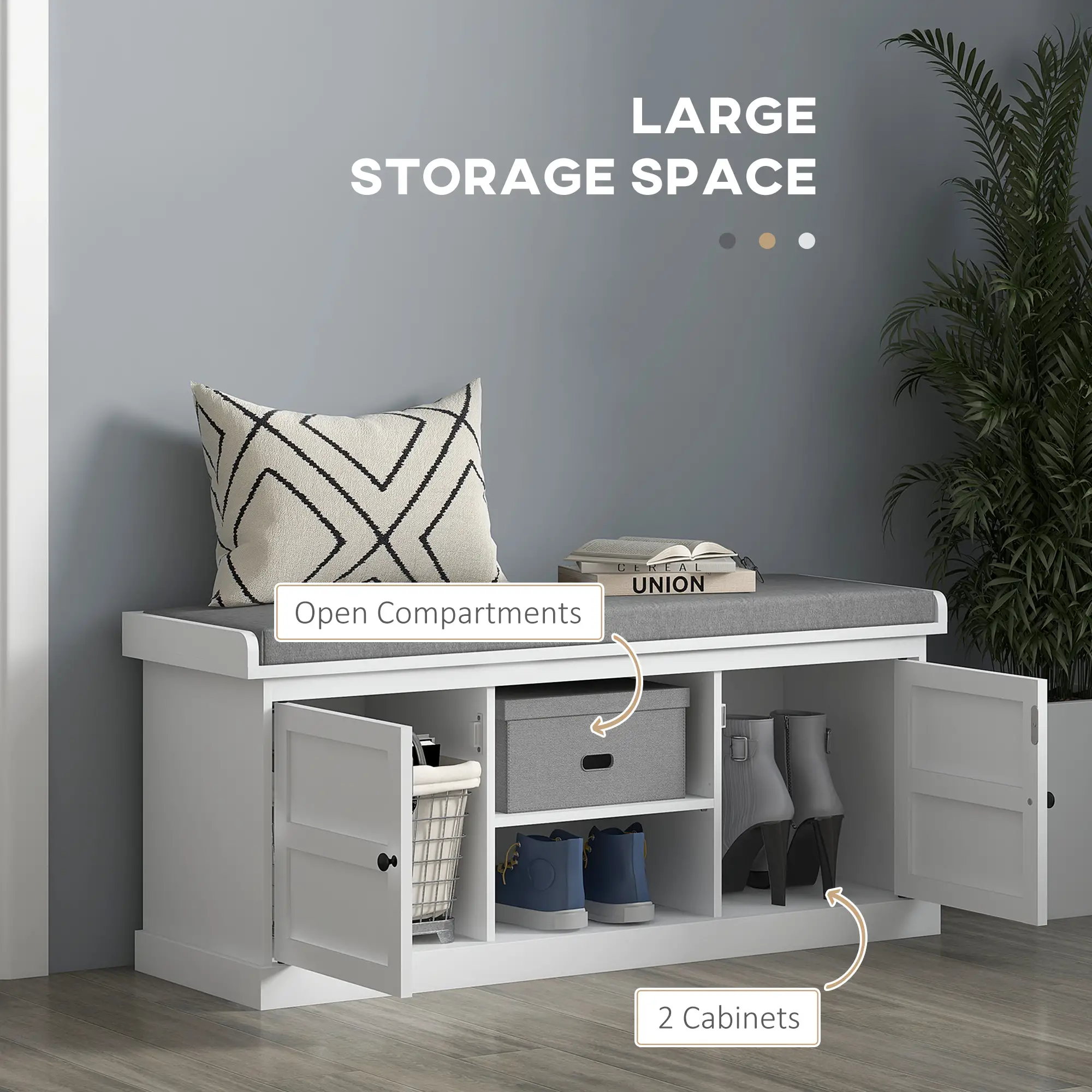 Shoe Storage Bench with Cushioned Seat, 2 Cabinets, Adjustable Shelf, White - Image 5