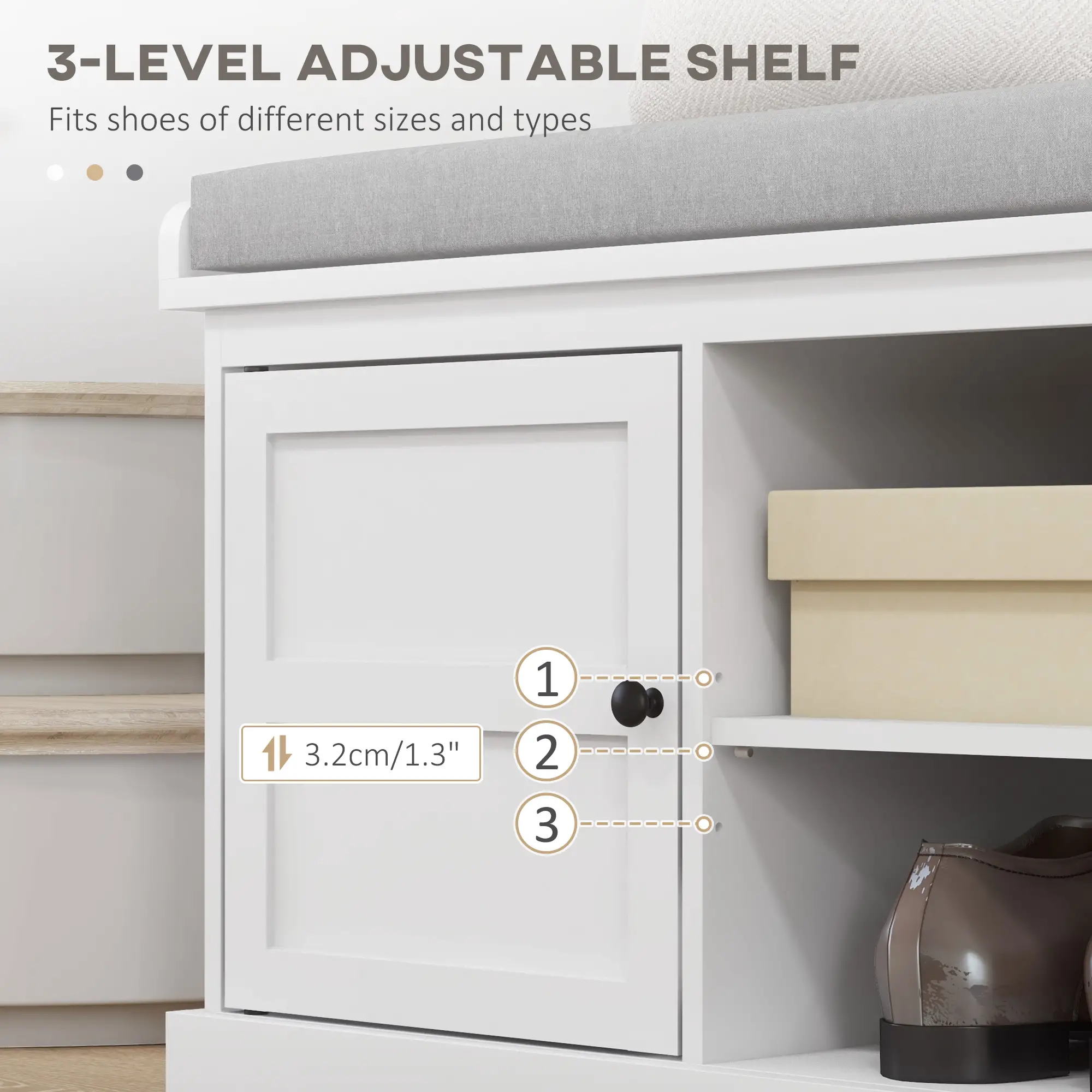 Shoe Storage Bench with Cushioned Seat, 2 Cabinets, Adjustable Shelf, White - Image 6