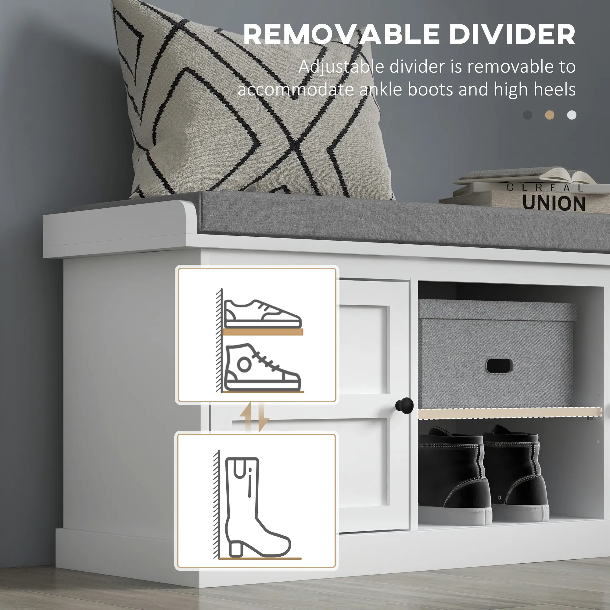 Shoe Storage Bench with Cushioned Seat, 2 Cabinets, Adjustable Shelf, White - Image 7
