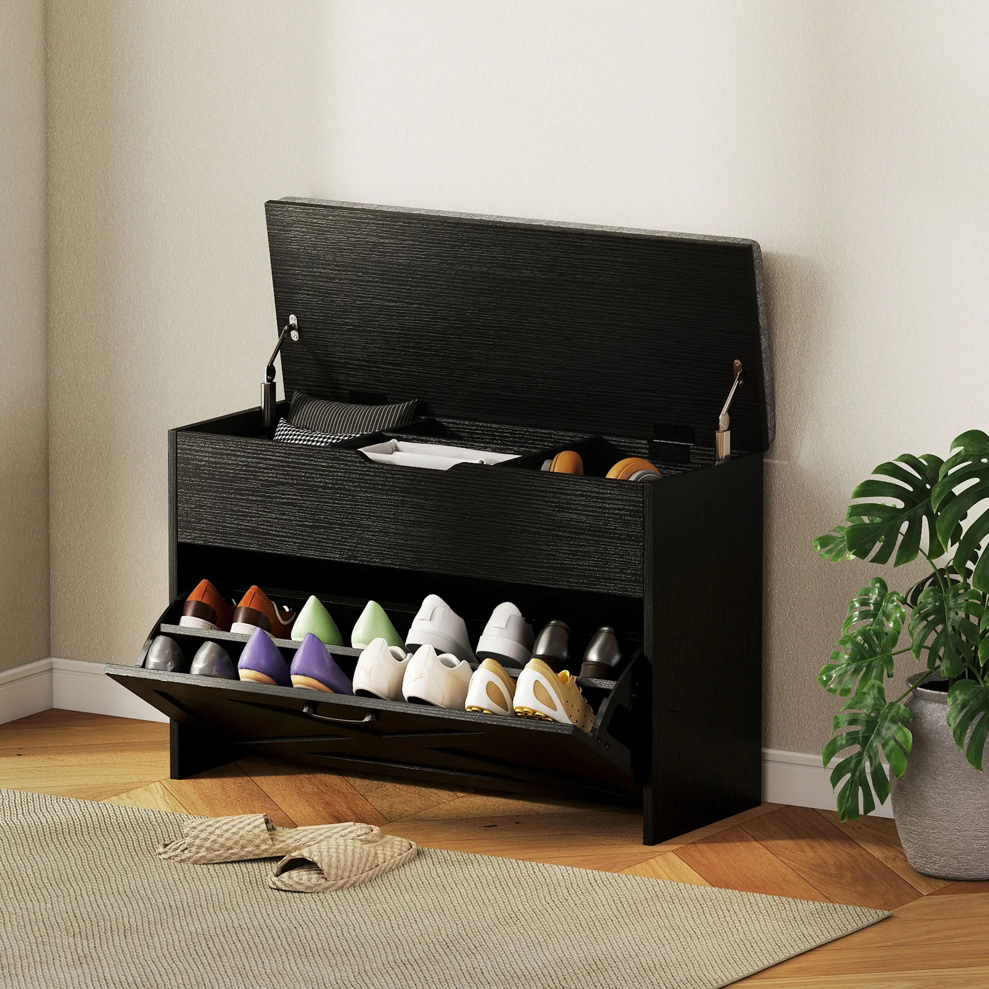 Shoe Storage Bench with Flip Drawer, Lift Top, Seat Cushion, Black - Image 2