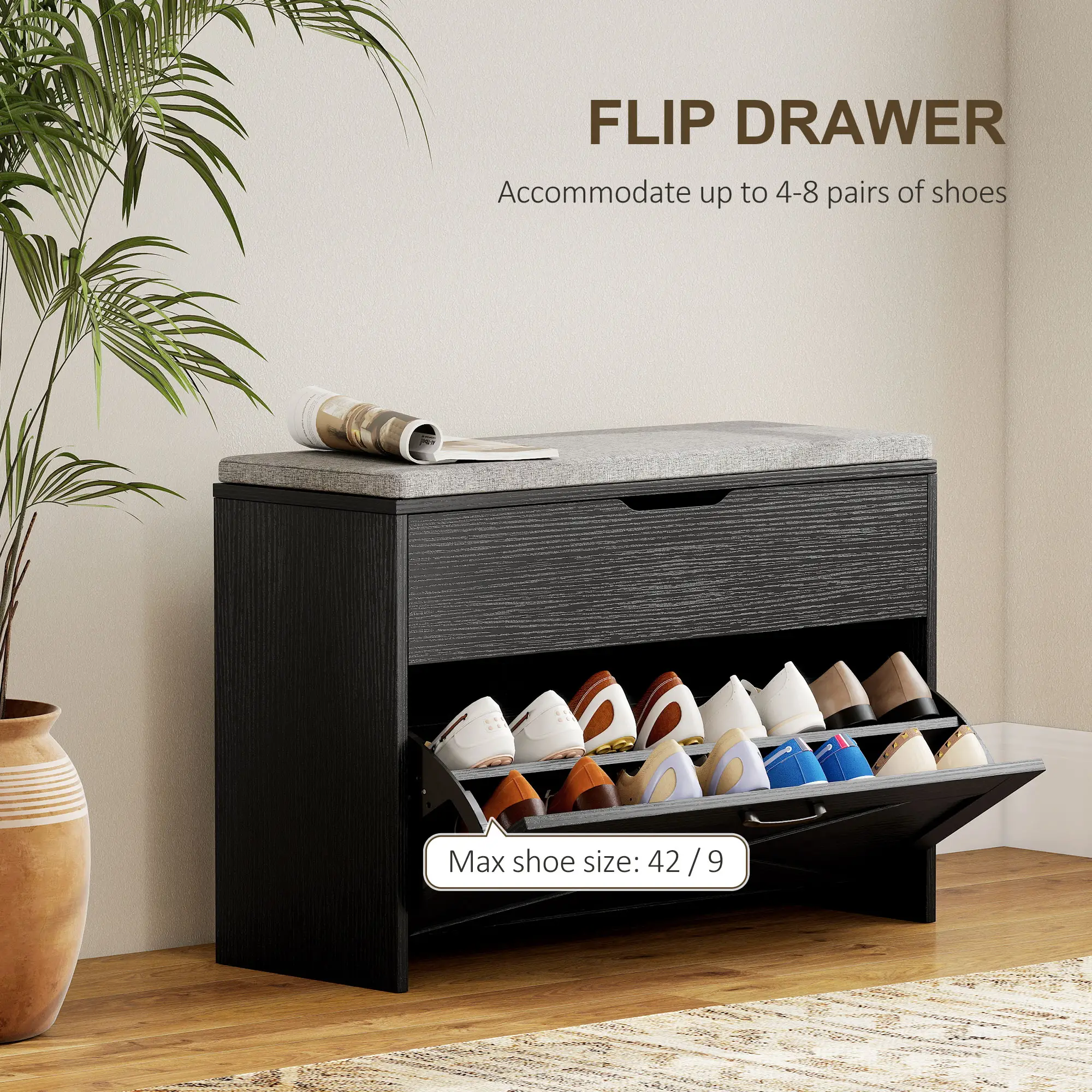 Shoe Storage Bench with Flip Drawer, Lift Top, Seat Cushion, Black - Image 4