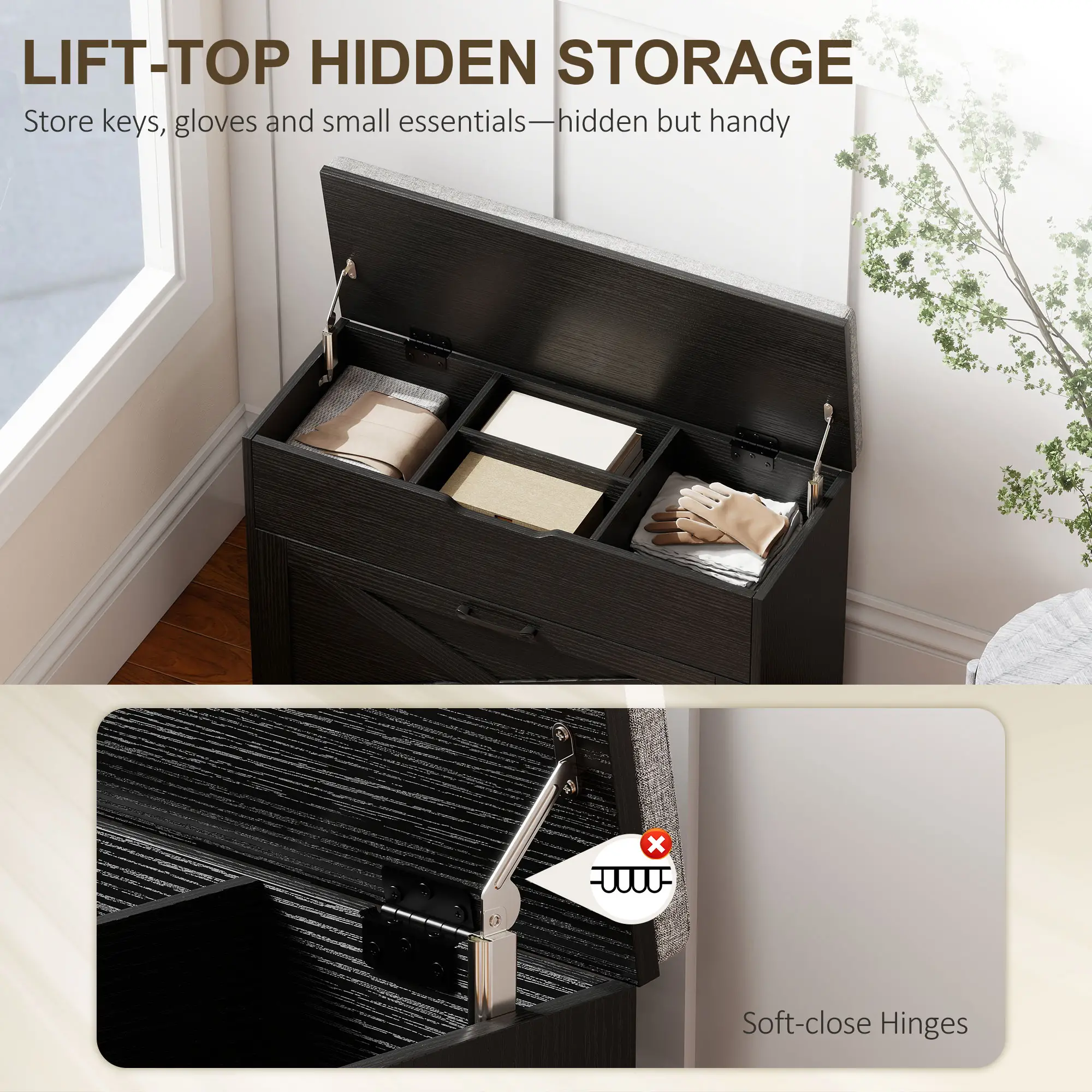Shoe Storage Bench with Flip Drawer, Lift Top, Seat Cushion, Black - Image 6