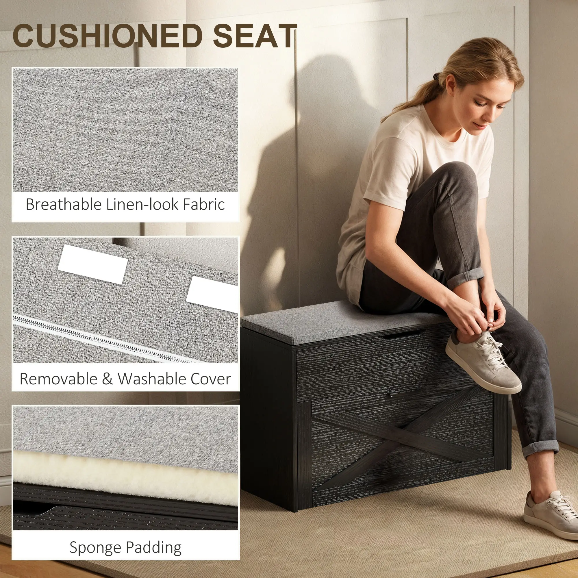 Shoe Storage Bench with Flip Drawer, Lift Top, Seat Cushion, Black - Image 7