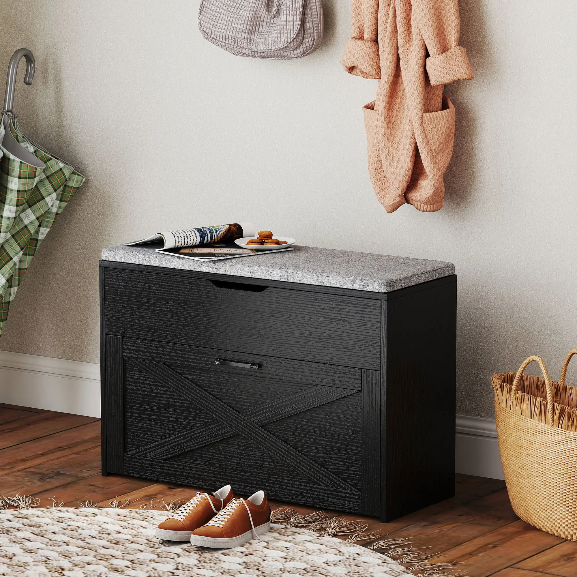 Shoe Storage Bench with Flip Drawer, Lift Top, Seat Cushion, Black - Image 8