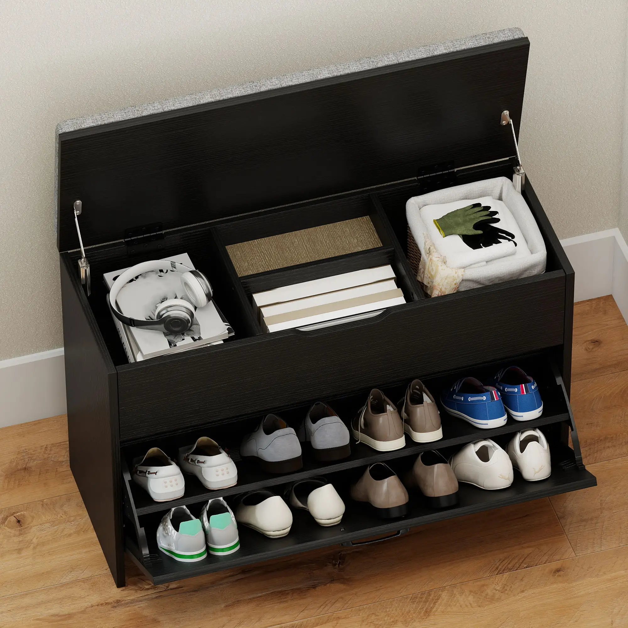Shoe Storage Bench with Flip Drawer, Lift Top, Seat Cushion, Black - Image 9