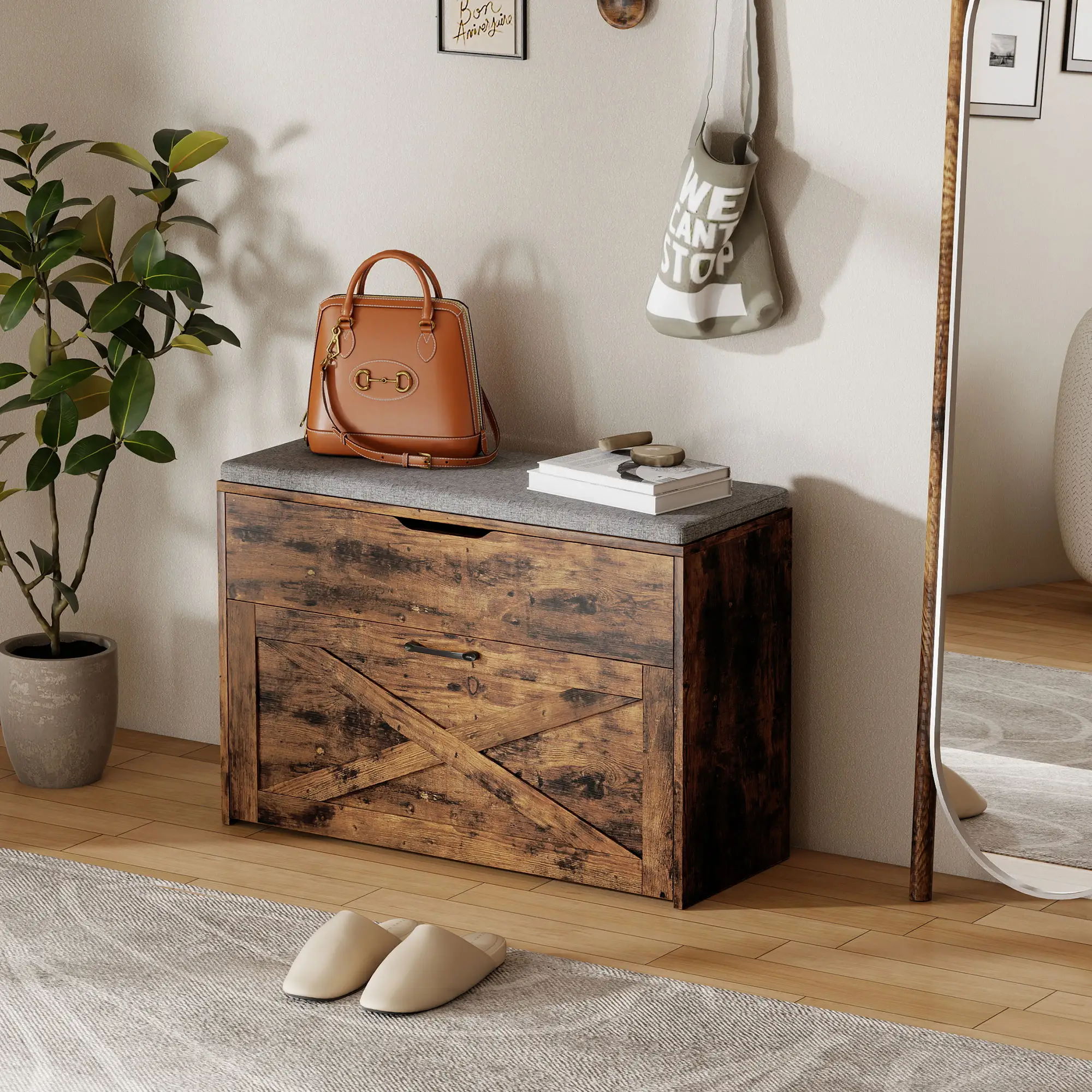 Shoe Storage Bench with Flip Drawer, Lift Top, Seat Cushion, Rustic Brown - Image 10