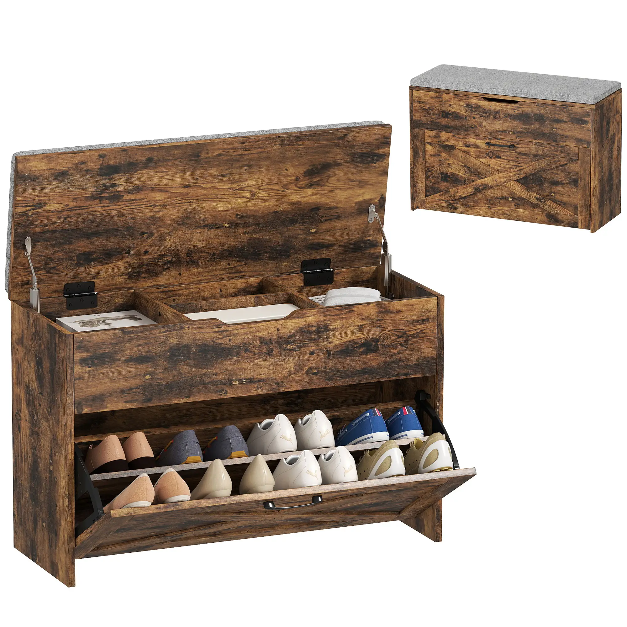 Shoe Storage Bench with Flip Drawer, Lift Top, Seat Cushion, Rustic Brown - Image 11