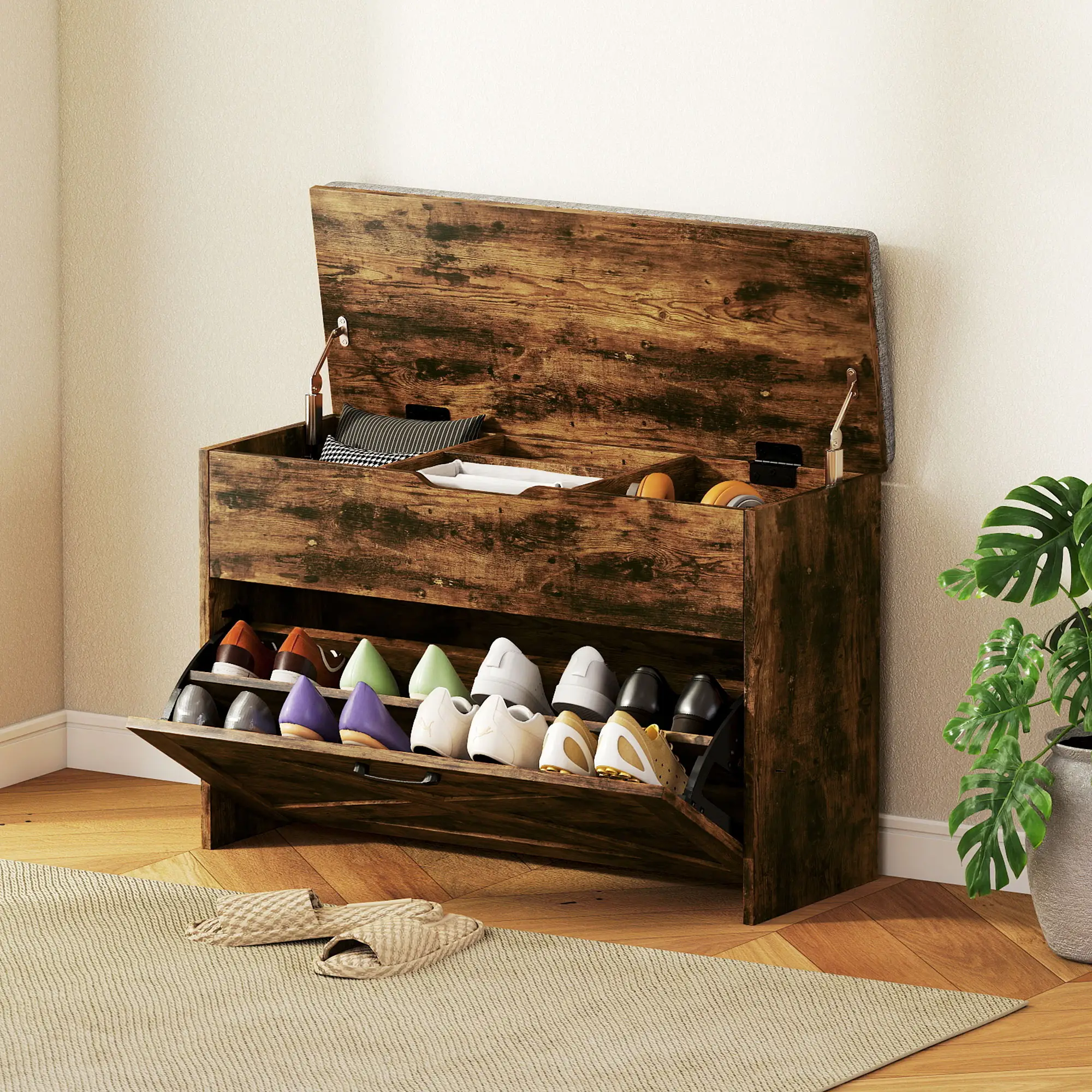 Shoe Storage Bench with Flip Drawer, Lift Top, Seat Cushion, Rustic Brown - Image 2
