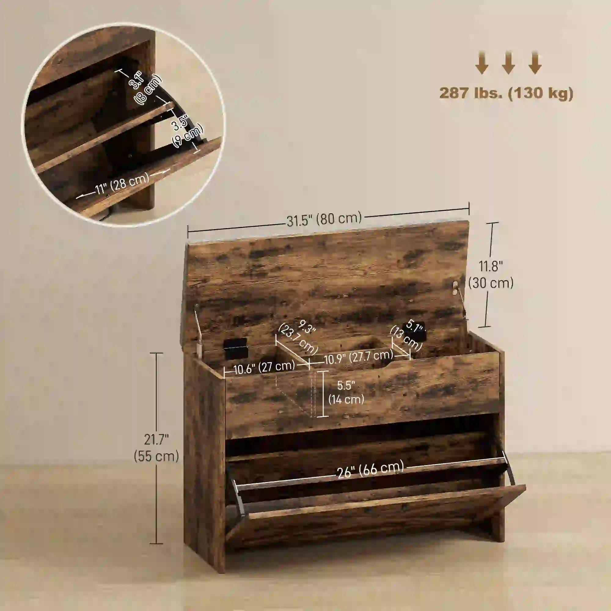 Shoe Storage Bench with Flip Drawer, Lift Top, Seat Cushion, Rustic Brown - Image 3