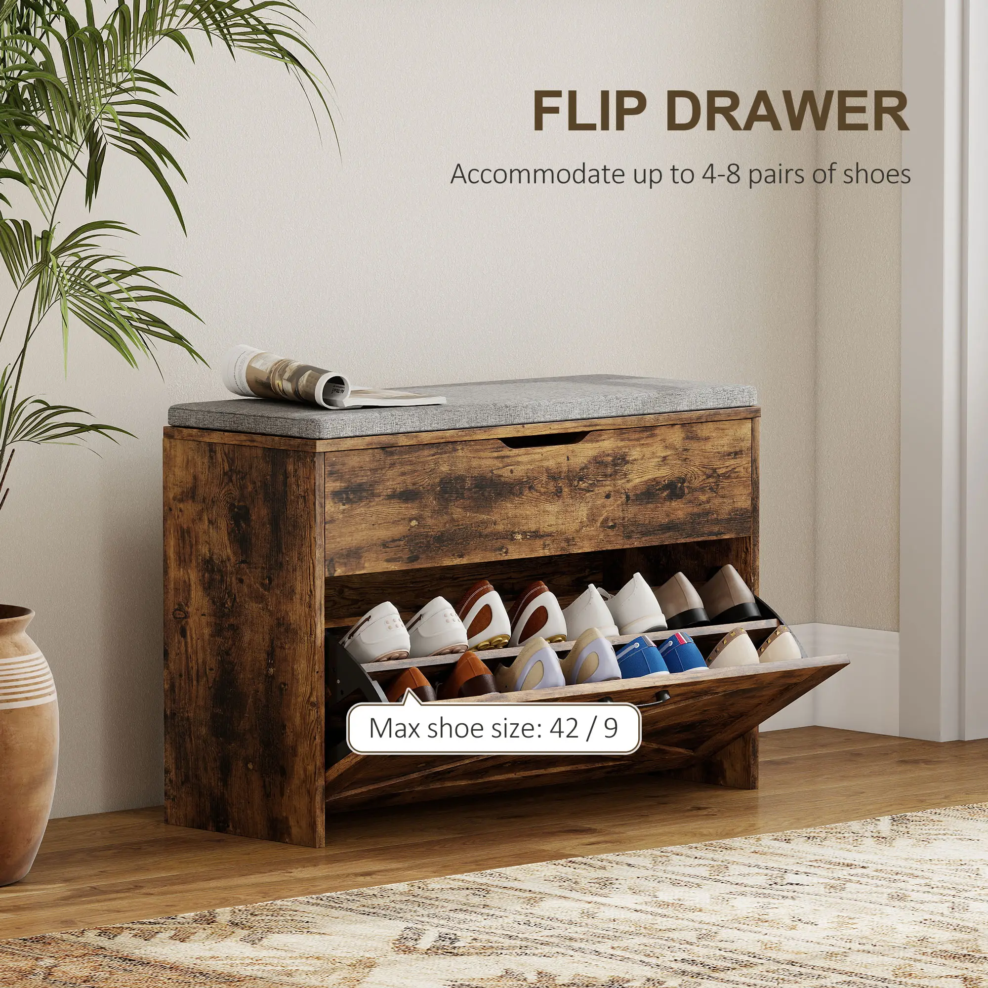 Shoe Storage Bench with Flip Drawer, Lift Top, Seat Cushion, Rustic Brown - Image 4