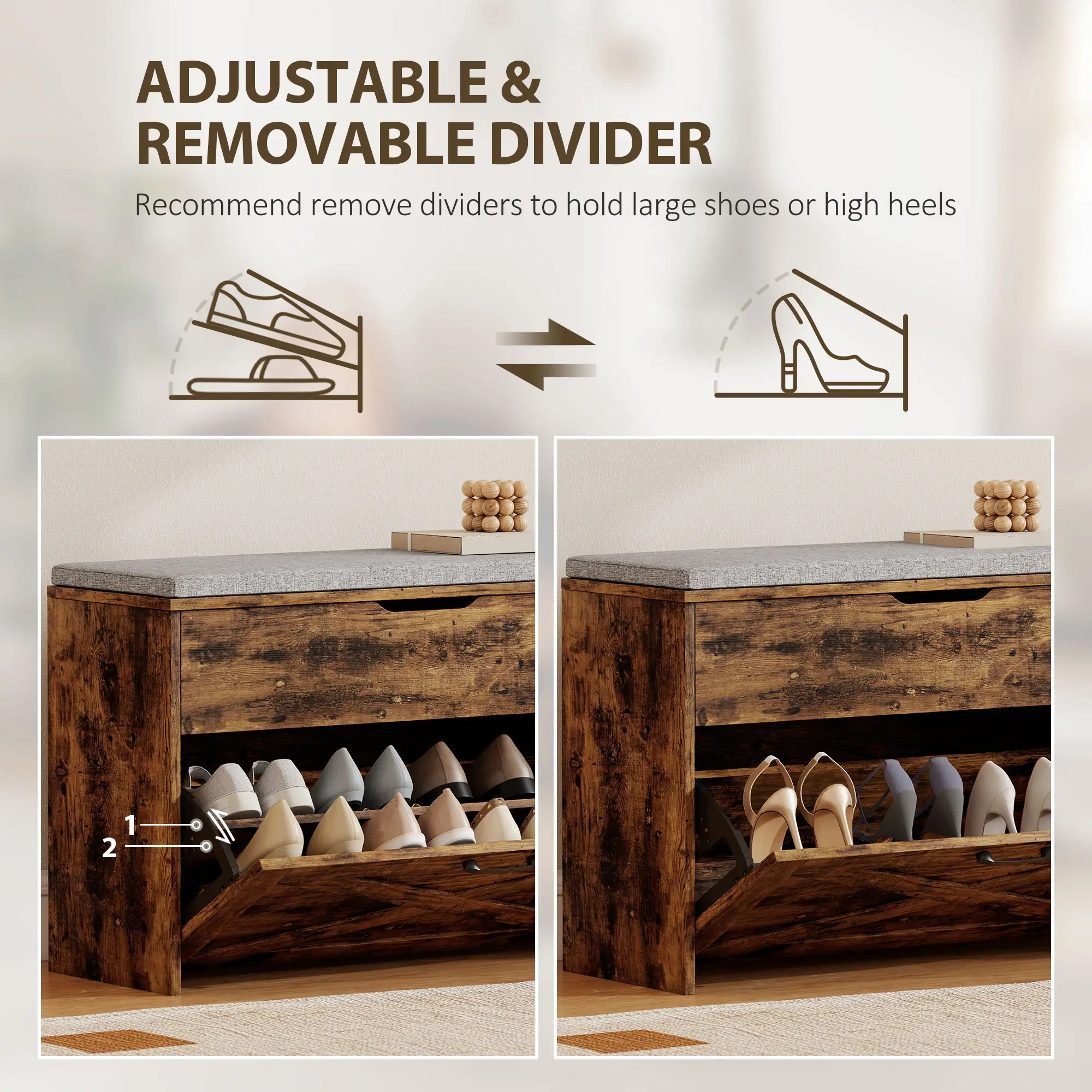 Shoe Storage Bench with Flip Drawer, Lift Top, Seat Cushion, Rustic Brown - Image 5