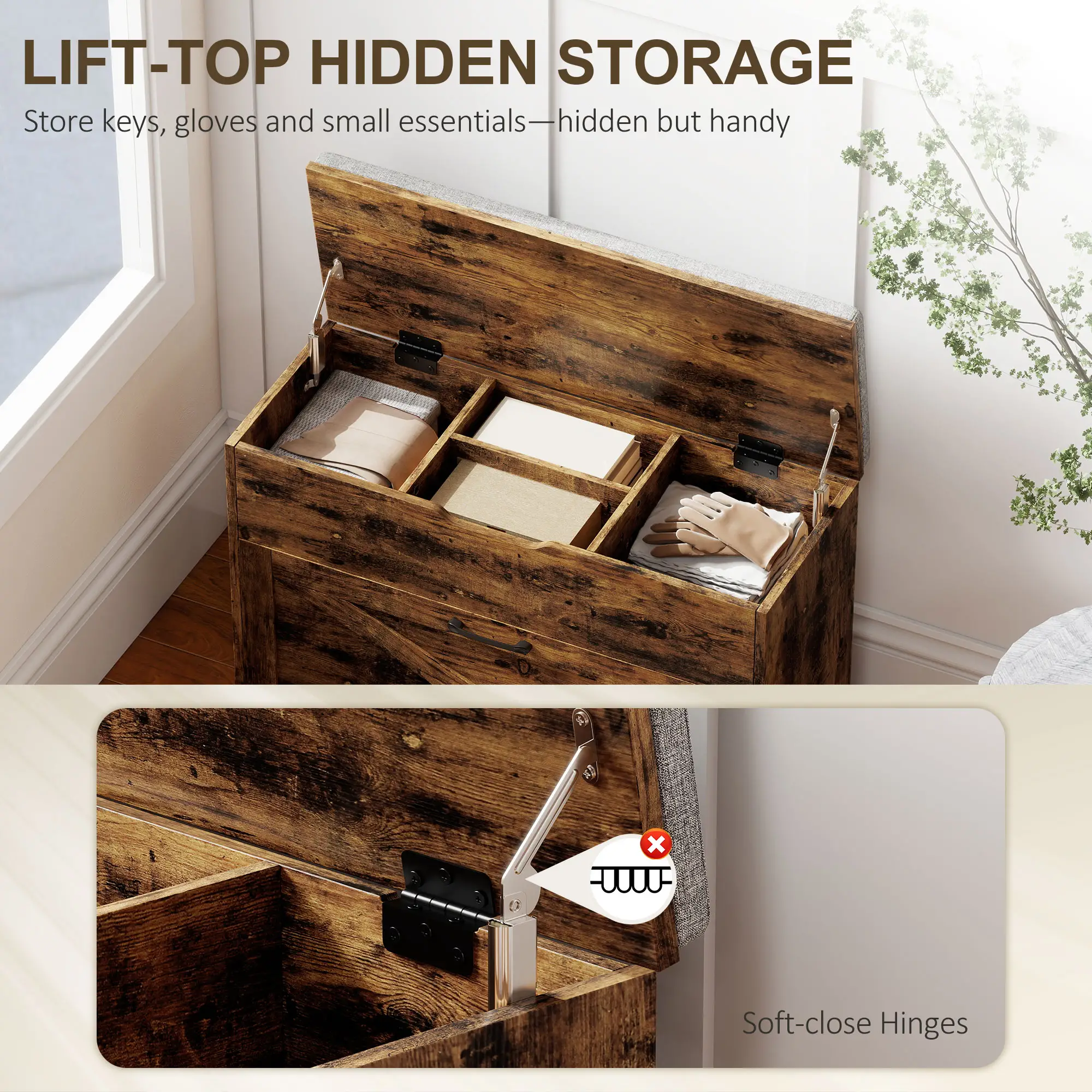 Shoe Storage Bench with Flip Drawer, Lift Top, Seat Cushion, Rustic Brown - Image 6