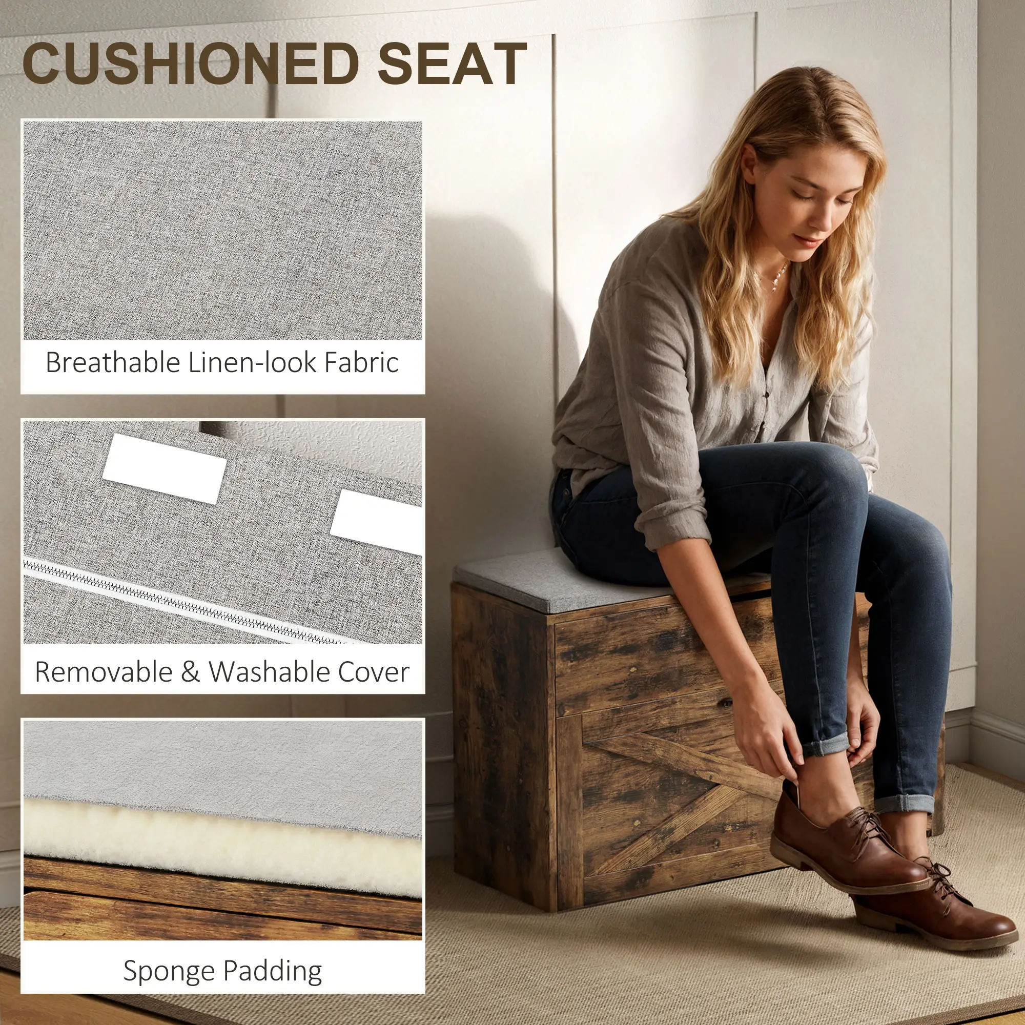 Shoe Storage Bench with Flip Drawer, Lift Top, Seat Cushion, Rustic Brown - Image 7