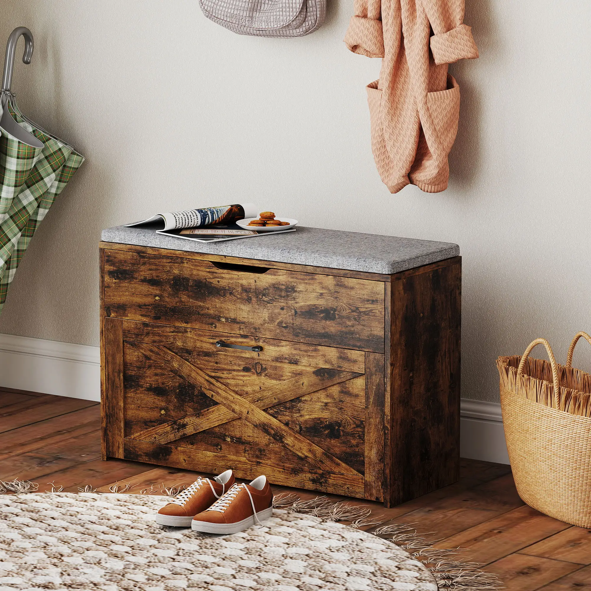 Shoe Storage Bench with Flip Drawer, Lift Top, Seat Cushion, Rustic Brown - Image 8