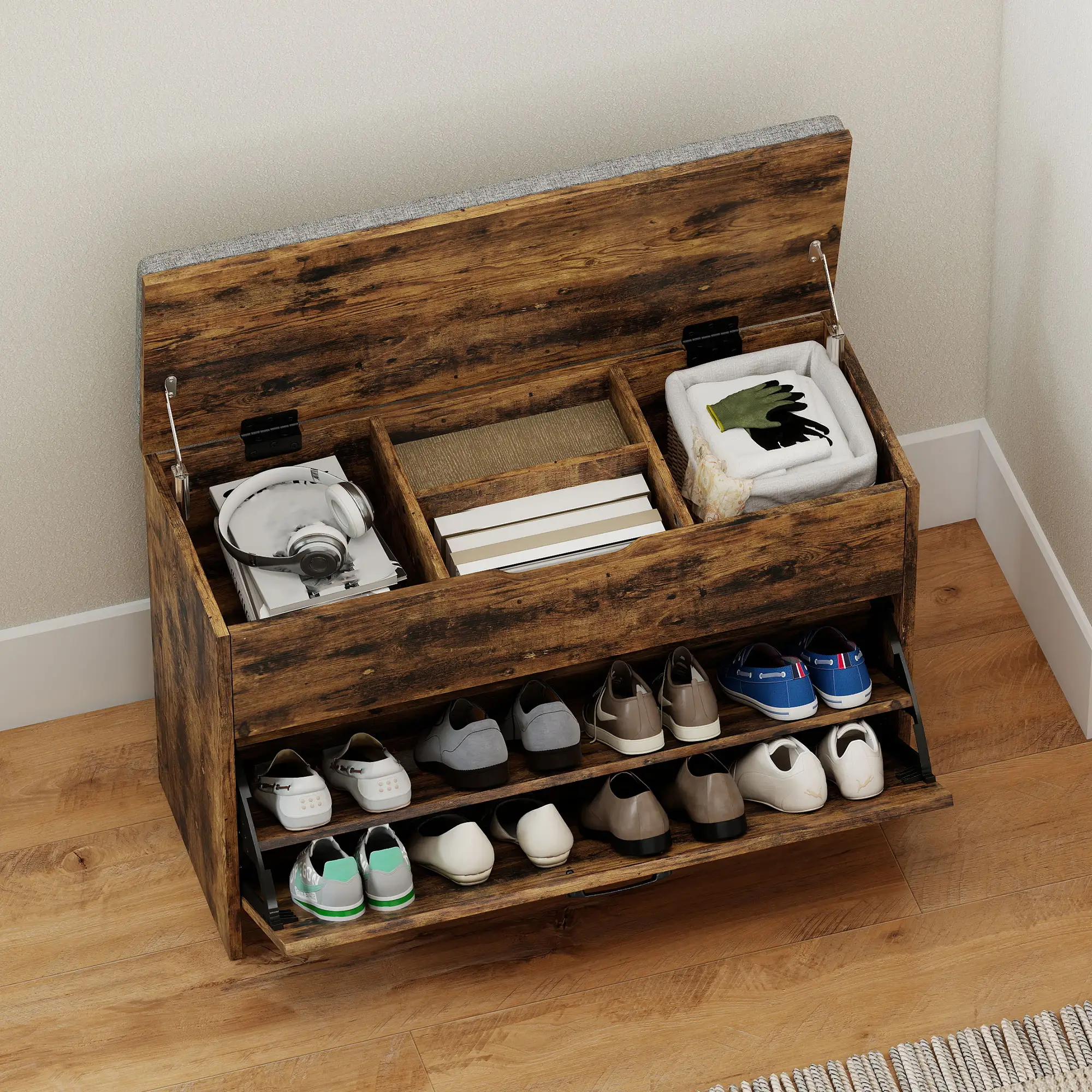 Shoe Storage Bench with Flip Drawer, Lift Top, Seat Cushion, Rustic Brown - Image 9