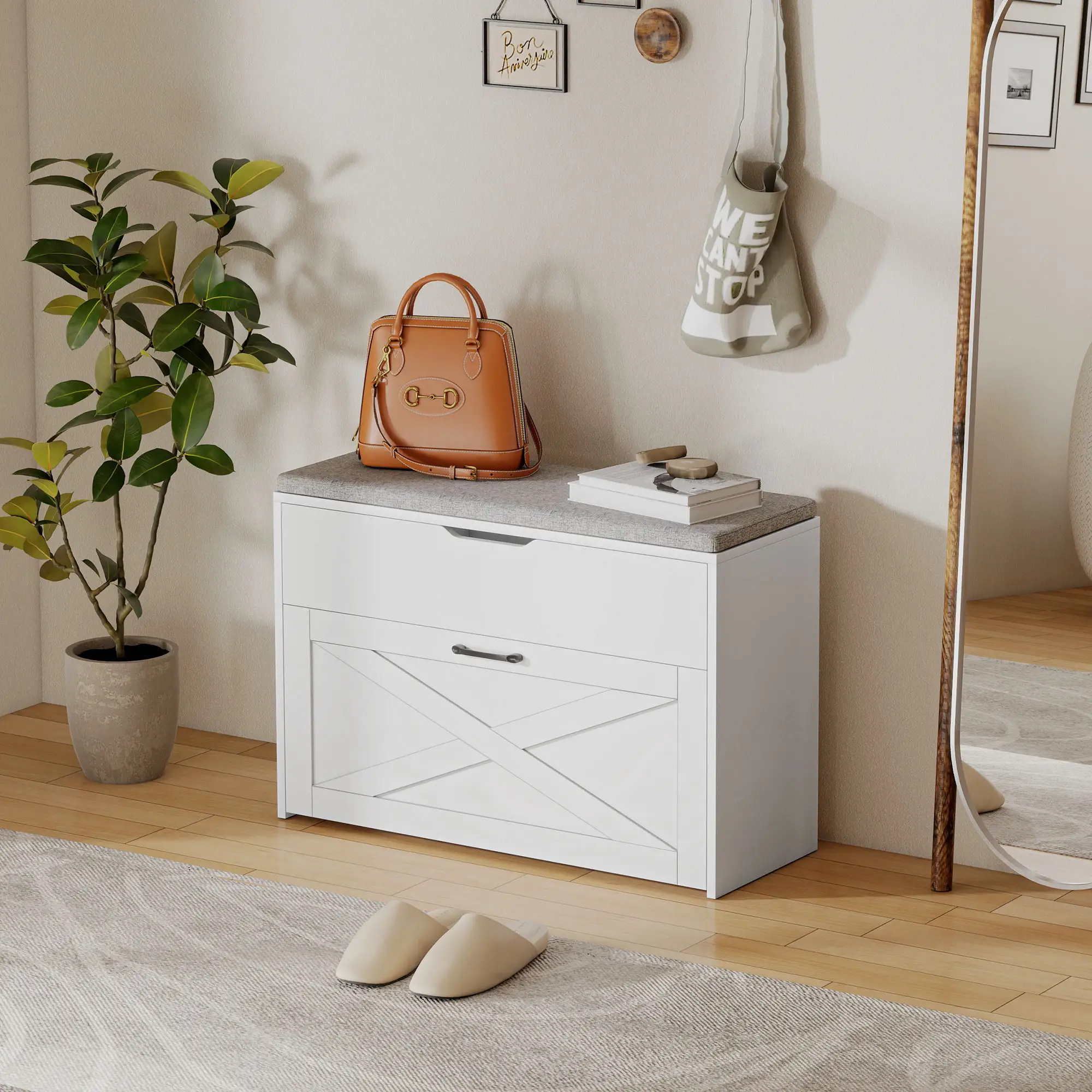 Shoe Storage Bench with Flip Drawer, Lift Top, Seat Cushion, White - Image 10