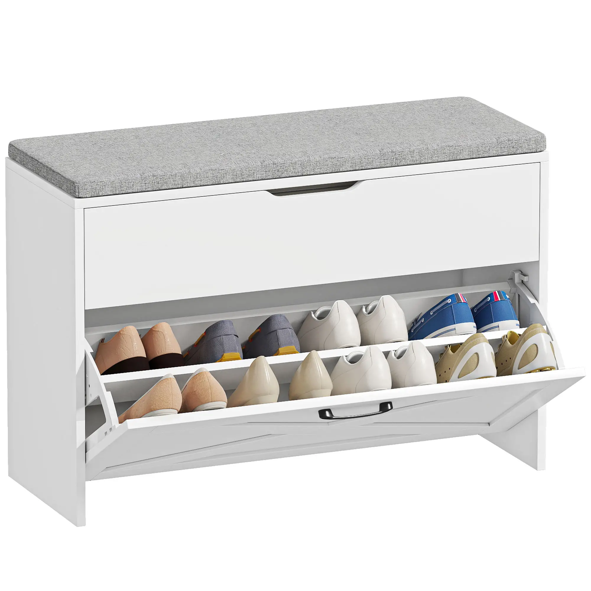 Shoe Storage Bench with Flip Drawer, Lift Top, Seat Cushion, White - Image 11
