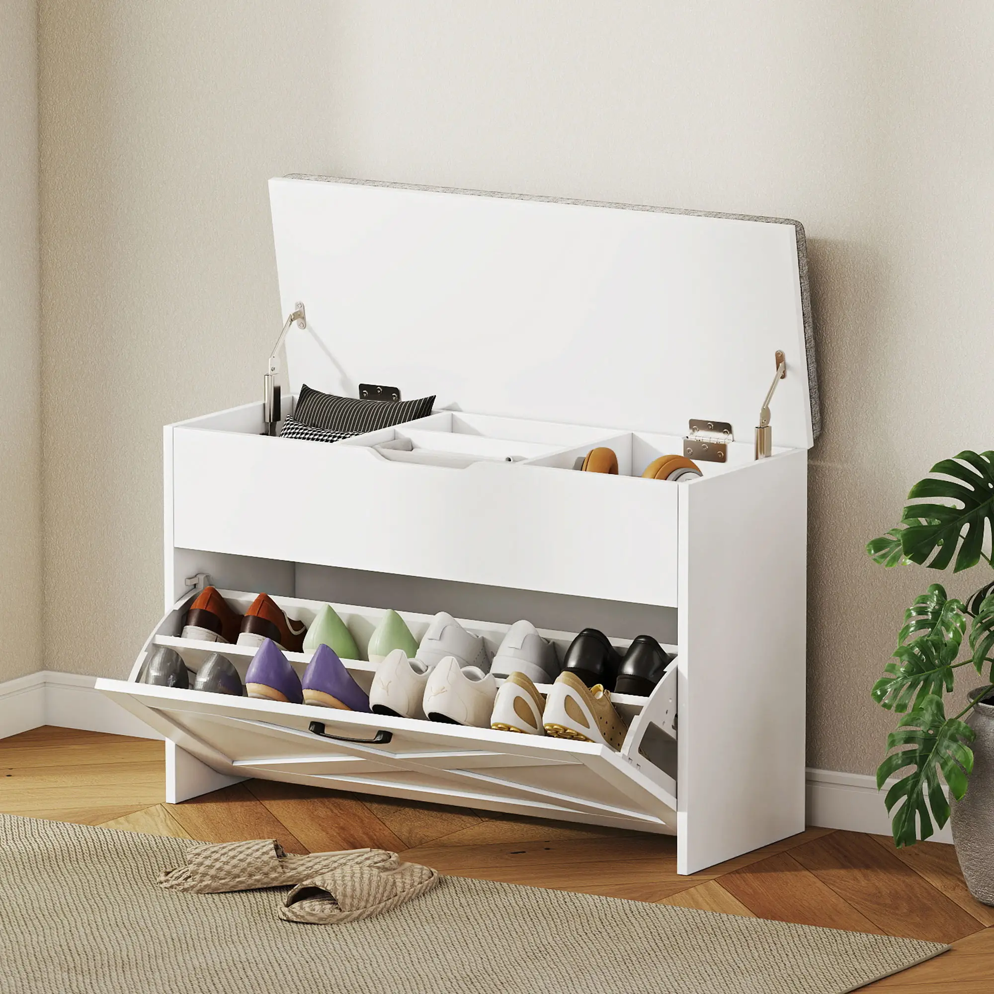 Shoe Storage Bench with Flip Drawer, Lift Top, Seat Cushion, White - Image 2