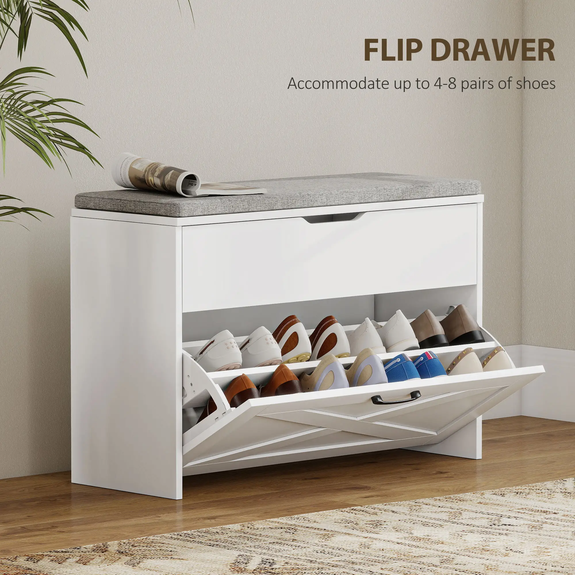 Shoe Storage Bench with Flip Drawer, Lift Top, Seat Cushion, White - Image 4