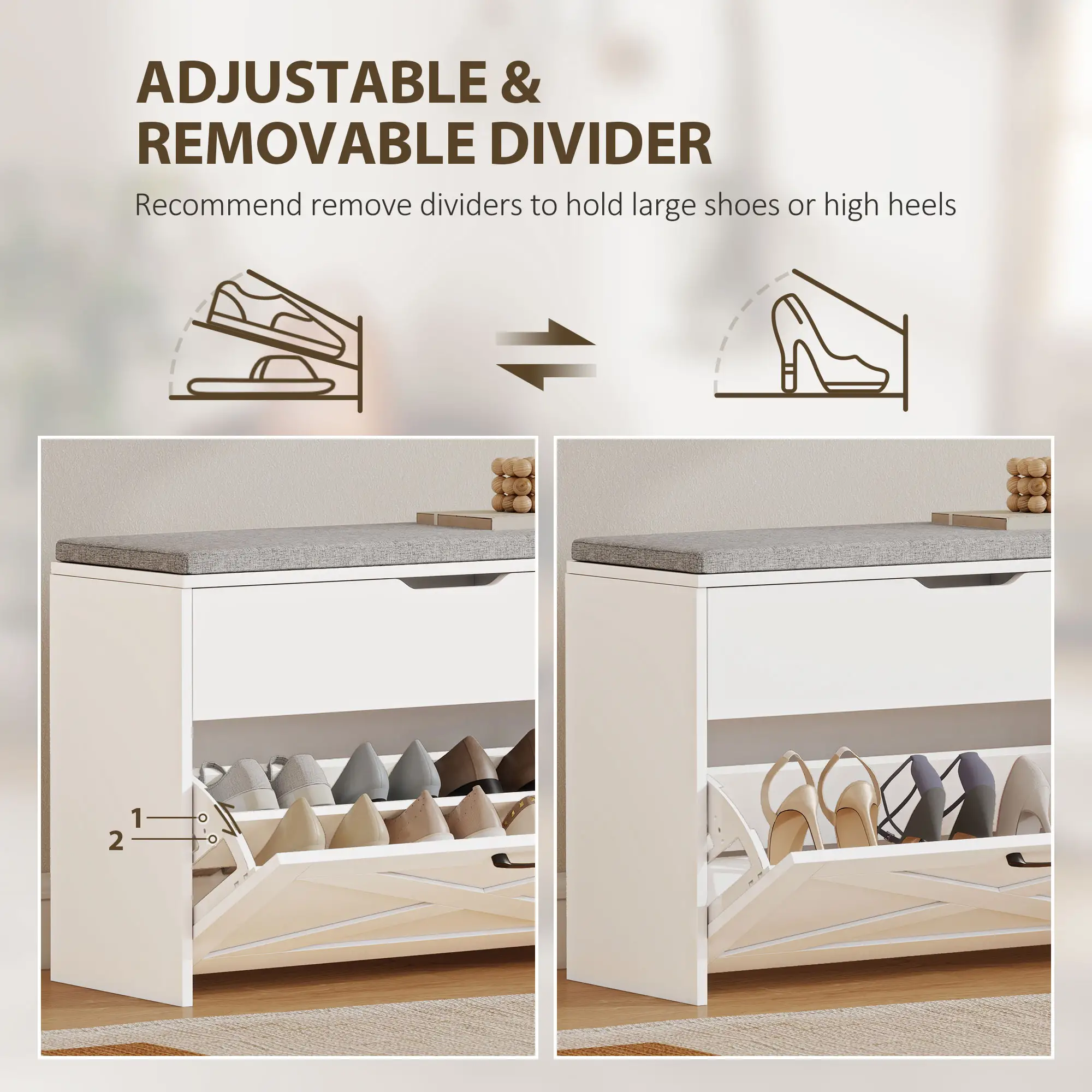 Shoe Storage Bench with Flip Drawer, Lift Top, Seat Cushion, White - Image 5