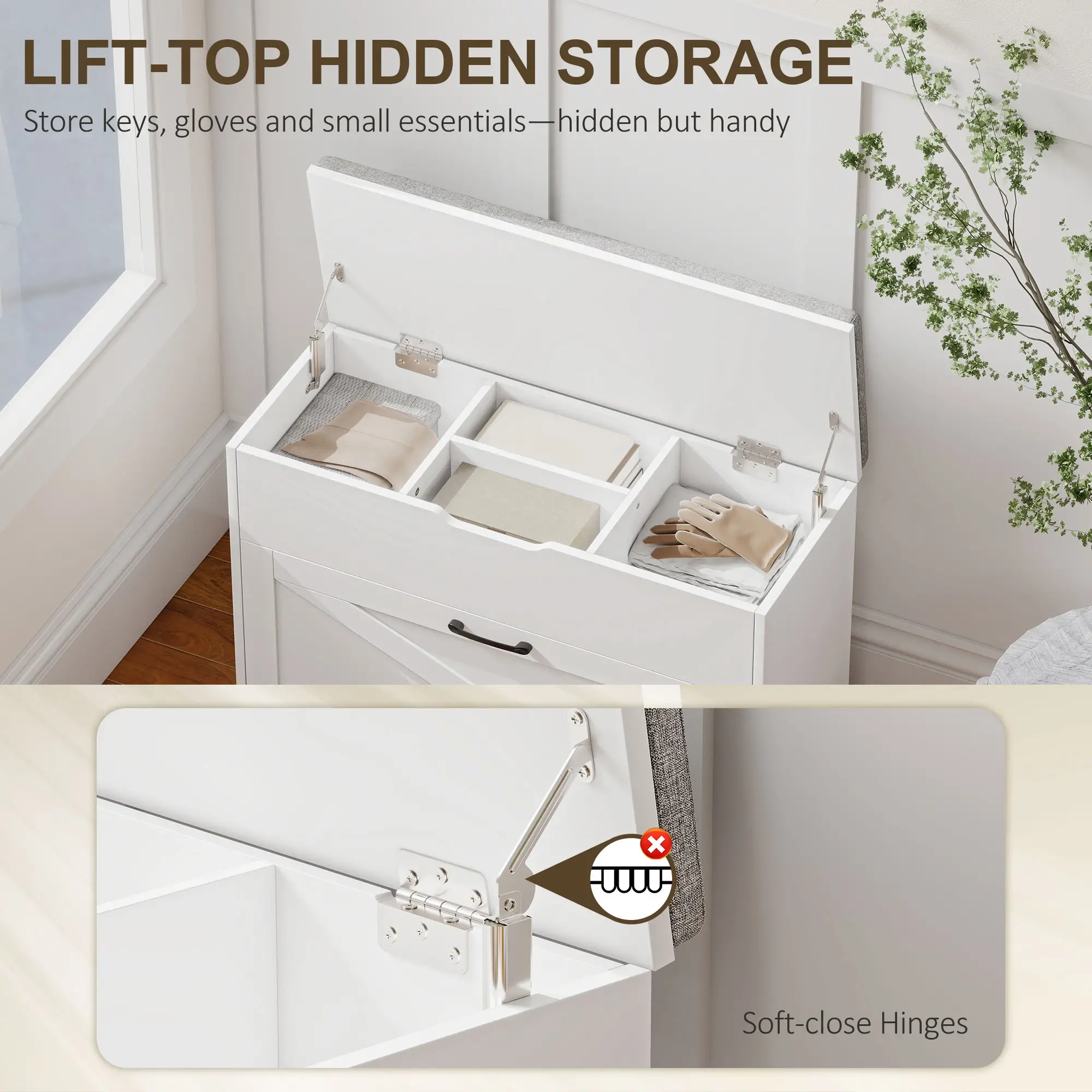 Shoe Storage Bench with Flip Drawer, Lift Top, Seat Cushion, White - Image 6