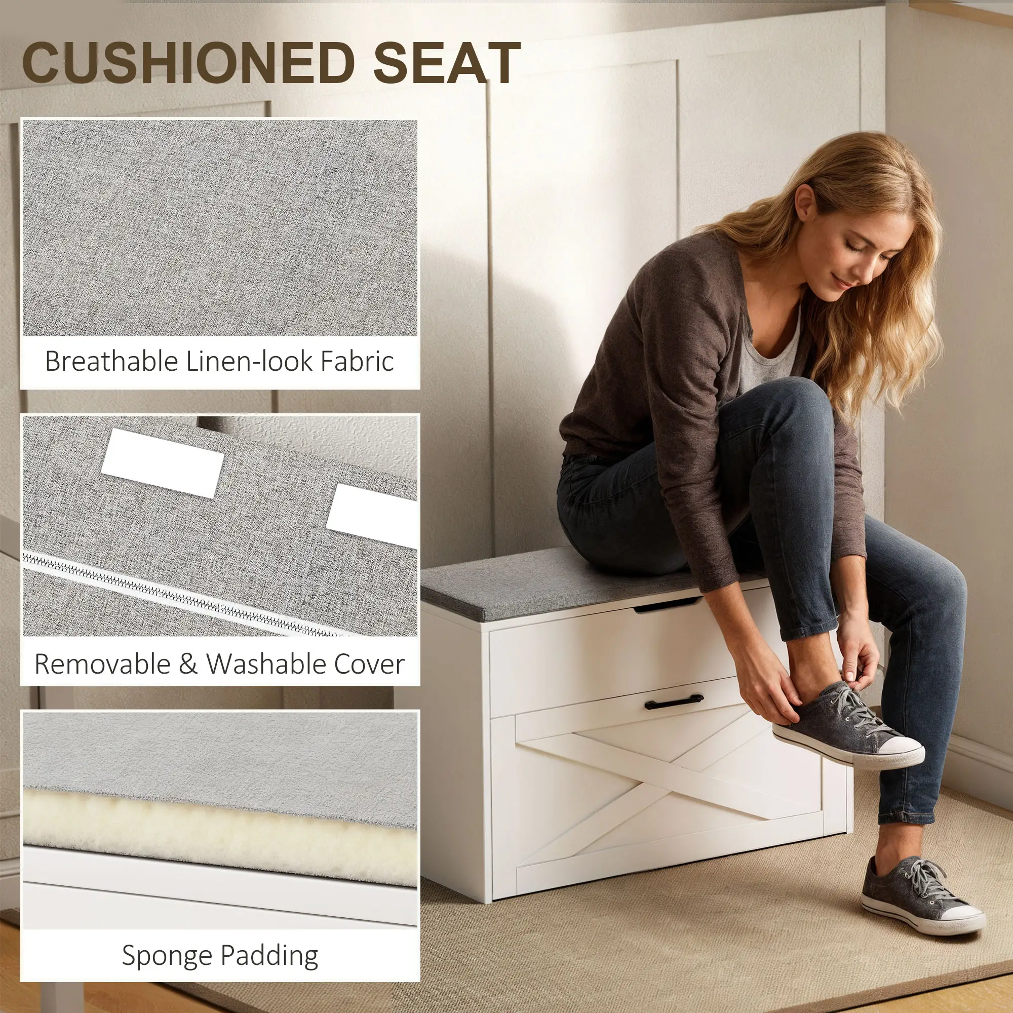 Shoe Storage Bench with Flip Drawer, Lift Top, Seat Cushion, White - Image 7