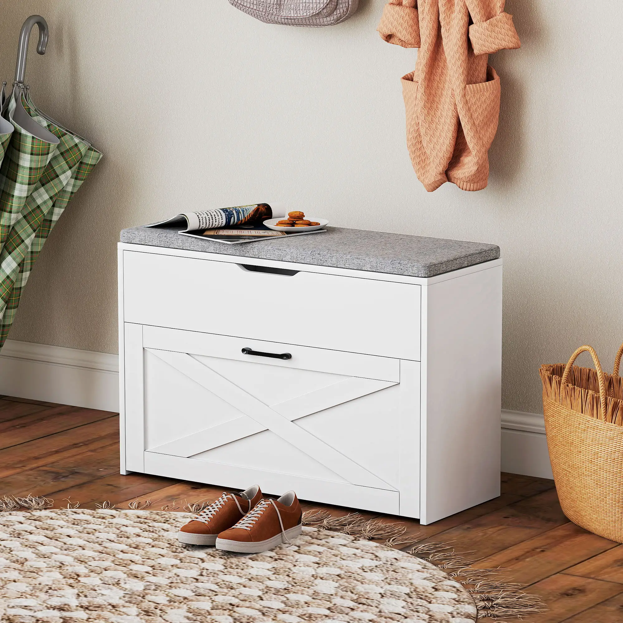 Shoe Storage Bench with Flip Drawer, Lift Top, Seat Cushion, White - Image 8