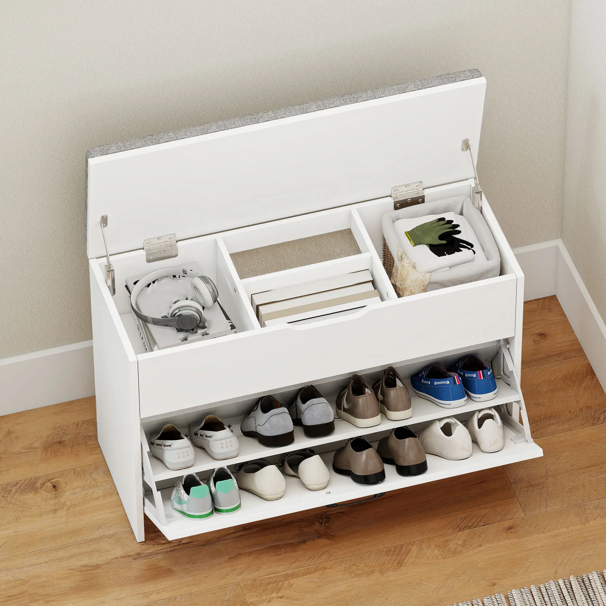 Shoe Storage Bench with Flip Drawer, Lift Top, Seat Cushion, White - Image 9