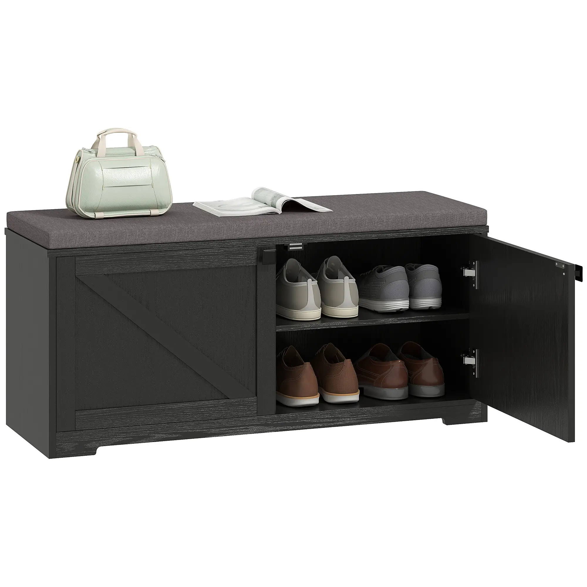 Shoe Storage Bench with Padded Seat, Entryway Bench, 8 Pairs, Black Wood Grain, Black - Image 11