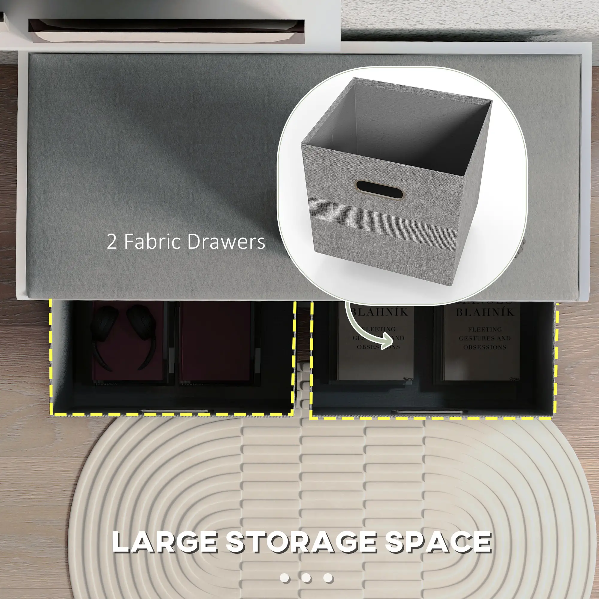 Shoe Storage Bench with Seat, 2 Fabric Drawers, White - Image 5