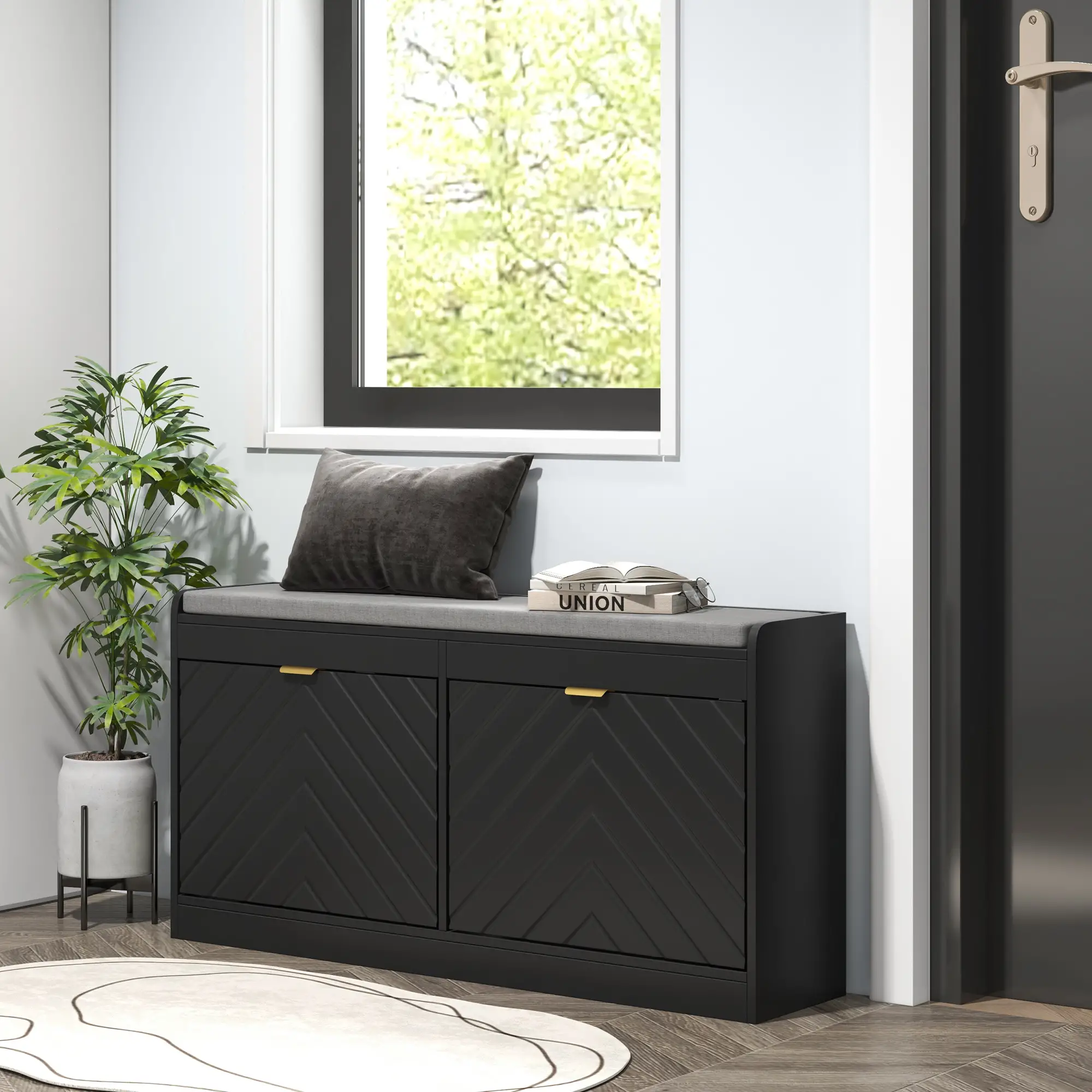 Shoe Storage Bench with Seat, 2 Flip Drawers, 4 Vents, Holds 8 Pairs - Image 2