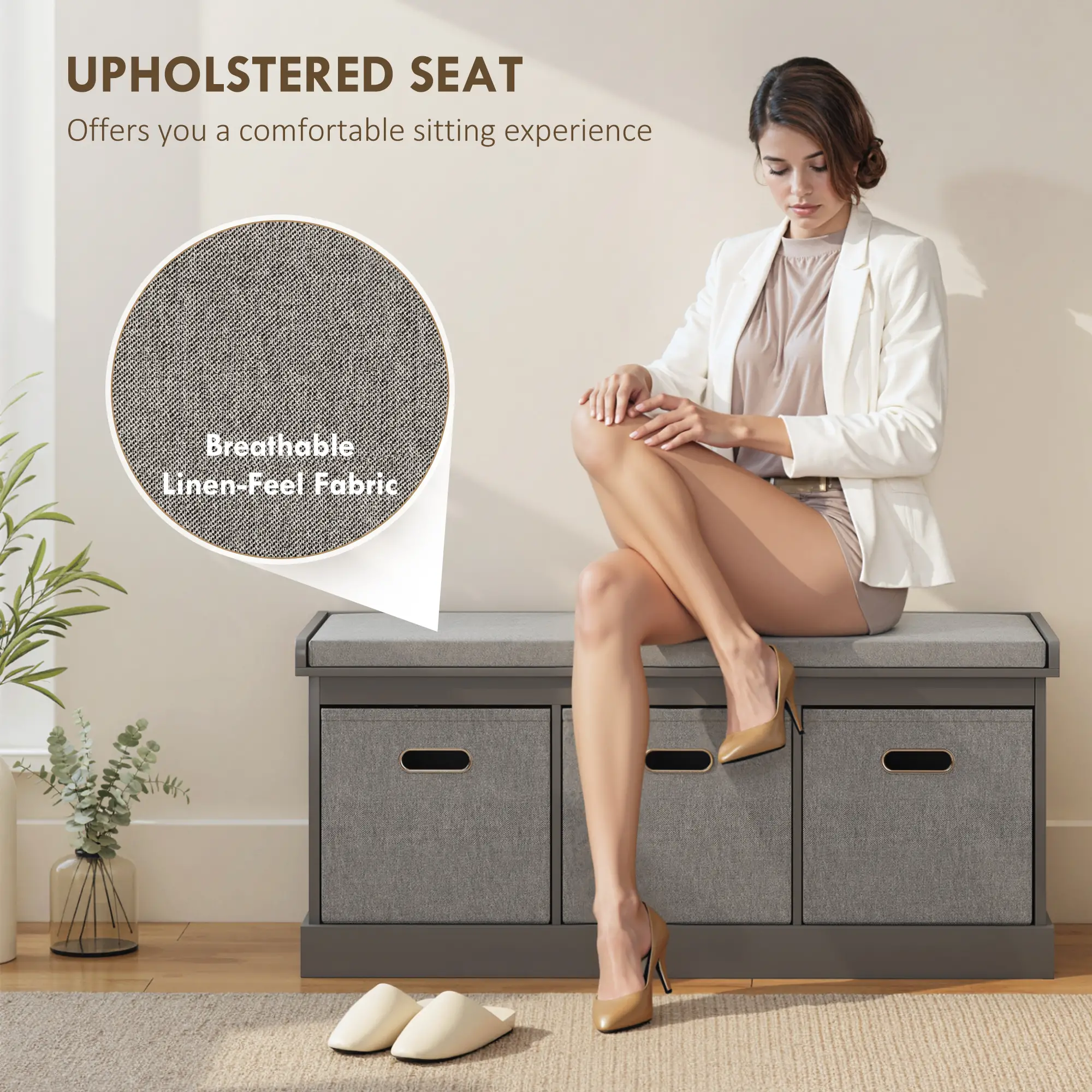 Shoe Storage Bench with Seat, 3 Fabric Drawers, Dark Grey - Image 4