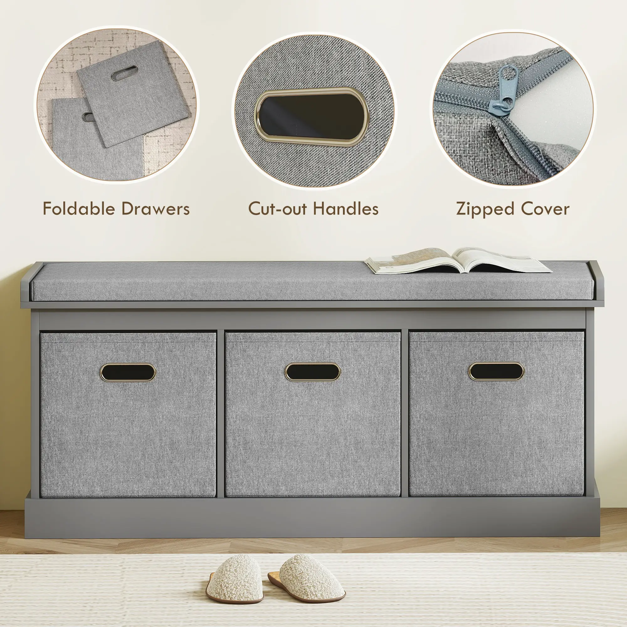 Shoe Storage Bench with Seat, 3 Fabric Drawers, Dark Grey - Image 6