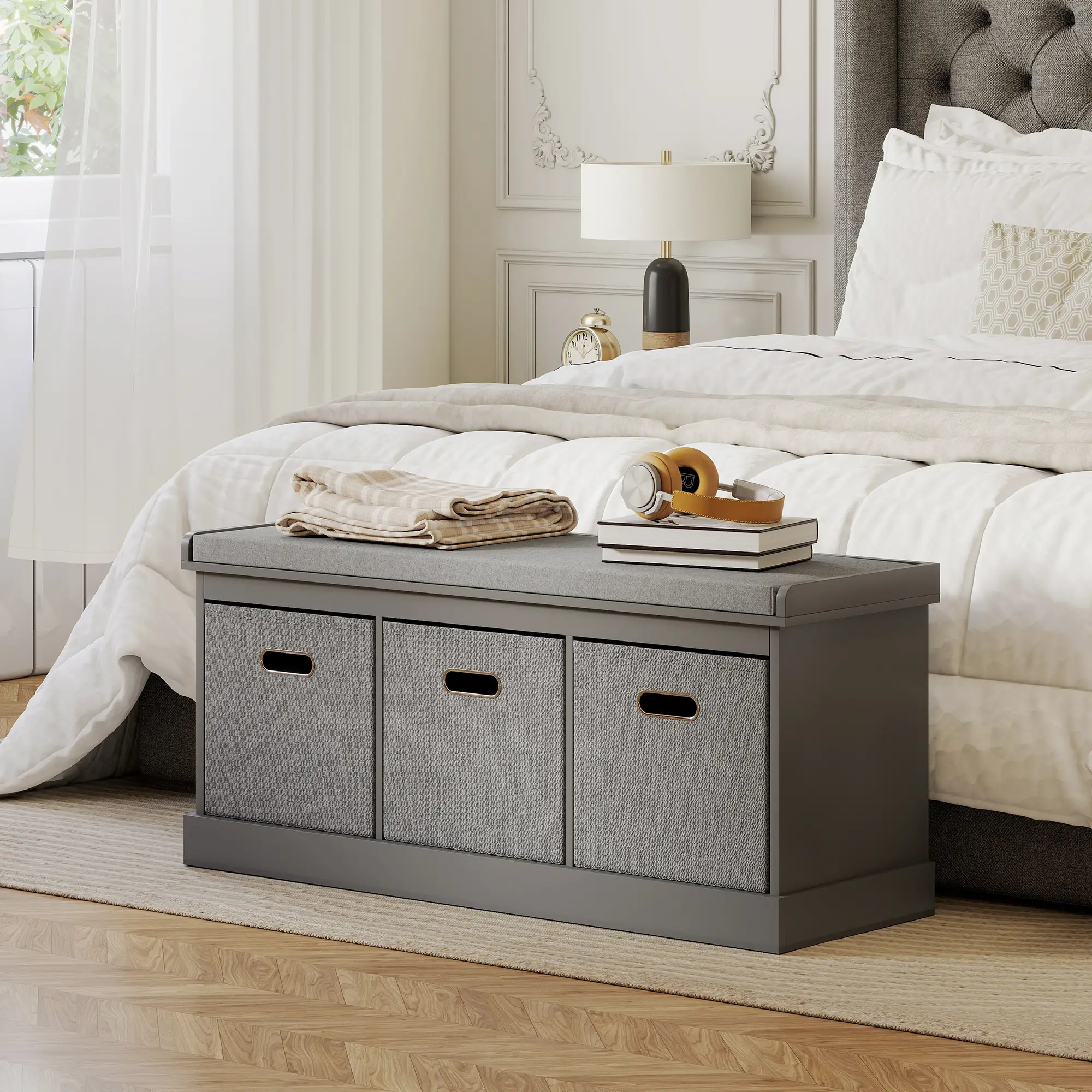 Shoe Storage Bench with Seat, 3 Fabric Drawers, Dark Grey - Image 7