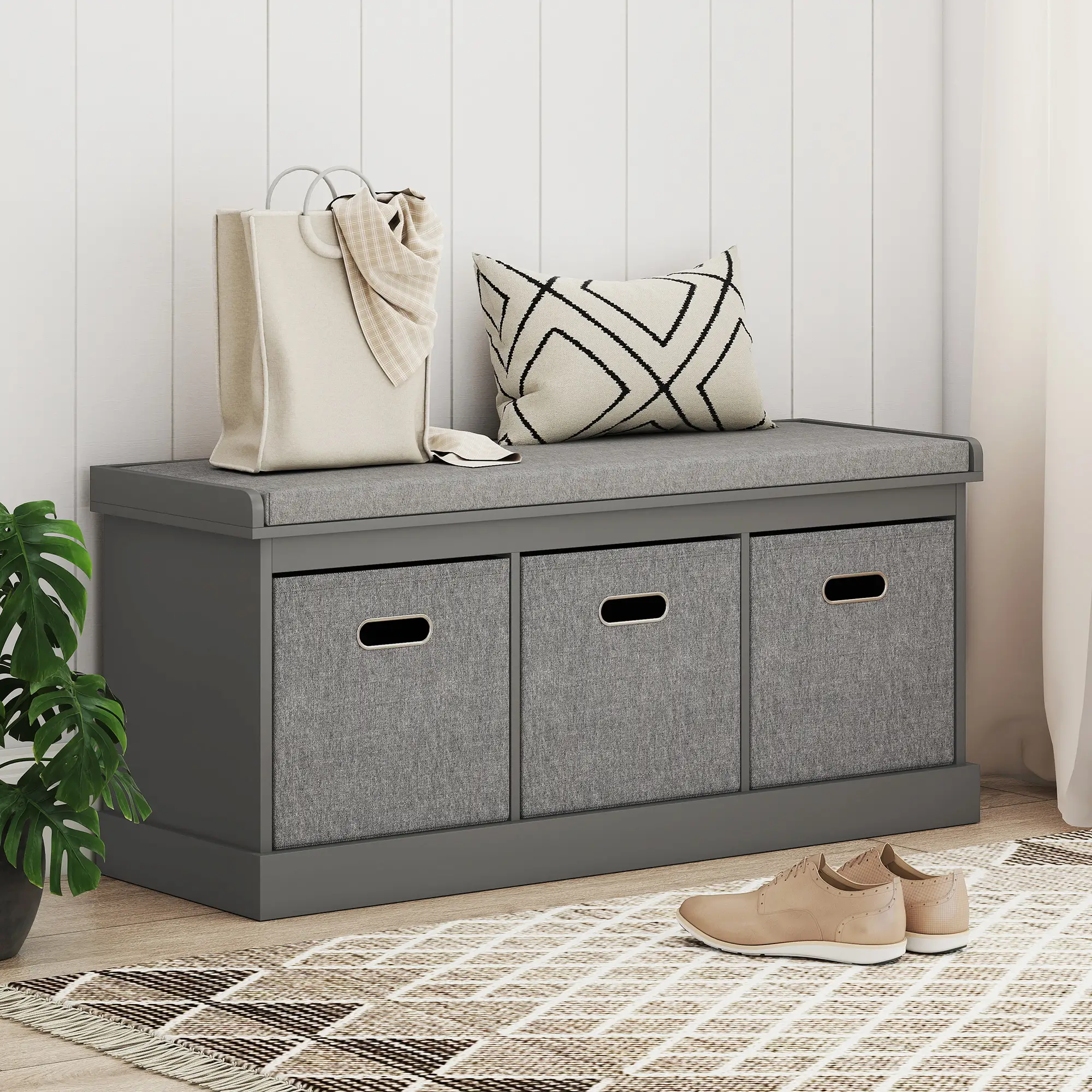 Shoe Storage Bench with Seat, 3 Fabric Drawers, Dark Grey - Image 9