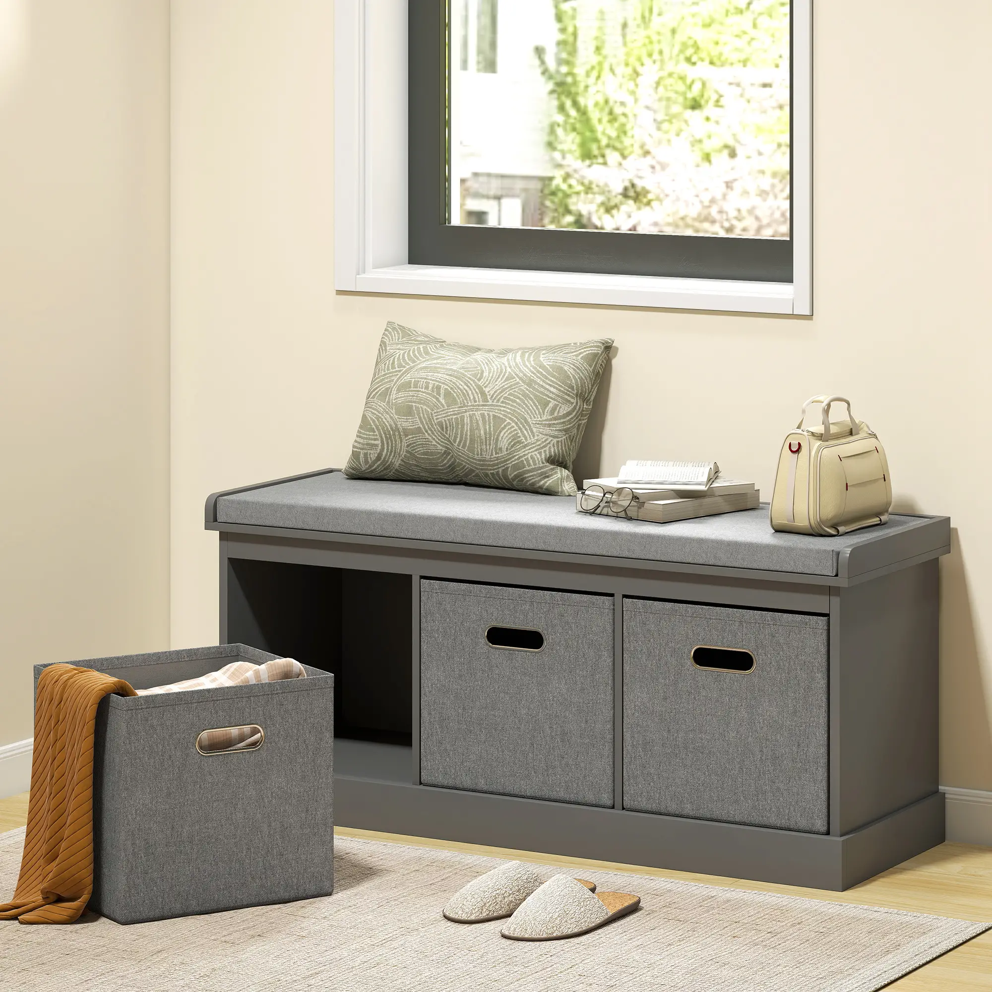 Shoe Storage Bench with Seat, 3 Fabric Drawers, Grey - Image 2