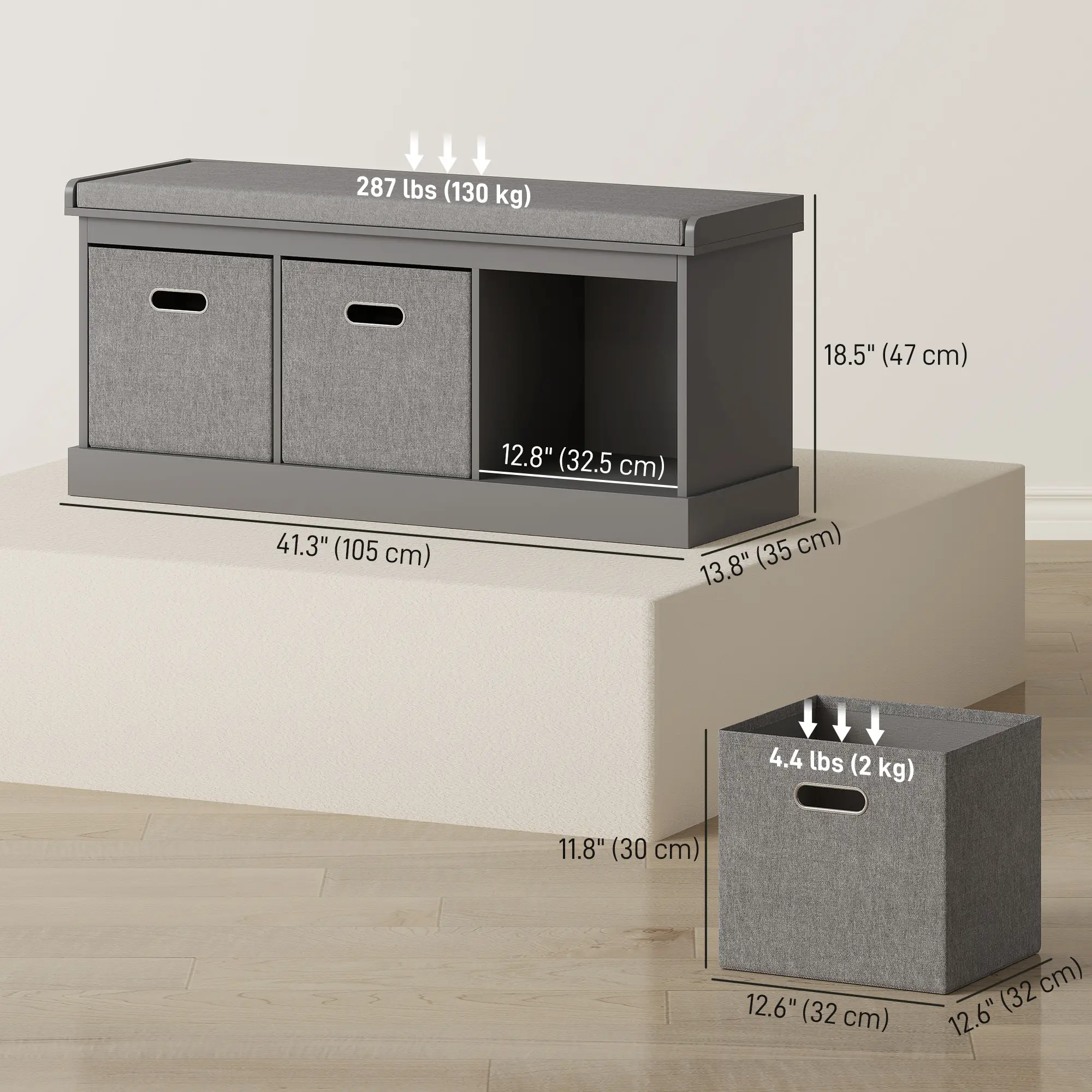 Shoe Storage Bench with Seat, 3 Fabric Drawers, Grey - Image 3