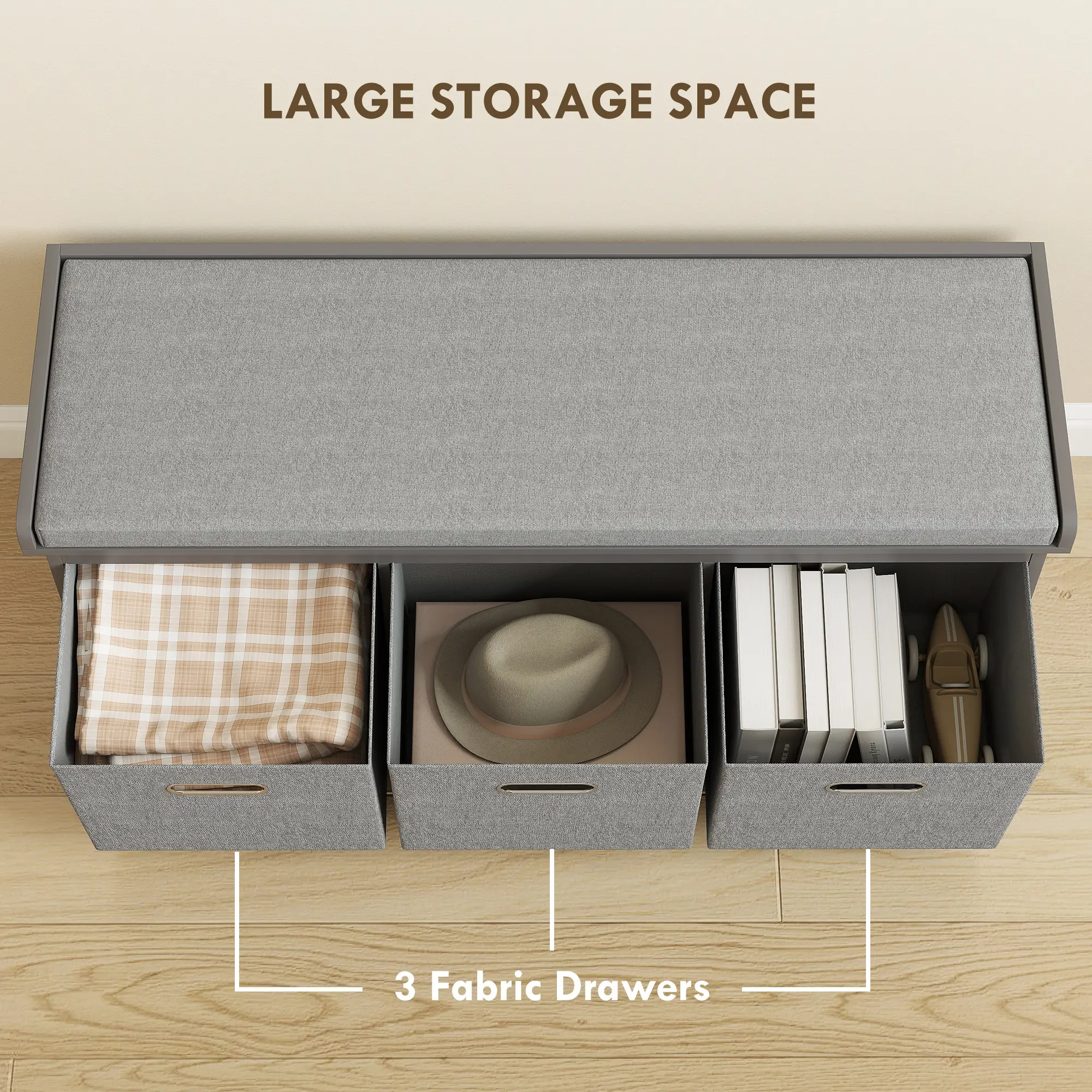 Shoe Storage Bench with Seat, 3 Fabric Drawers, Grey - Image 5